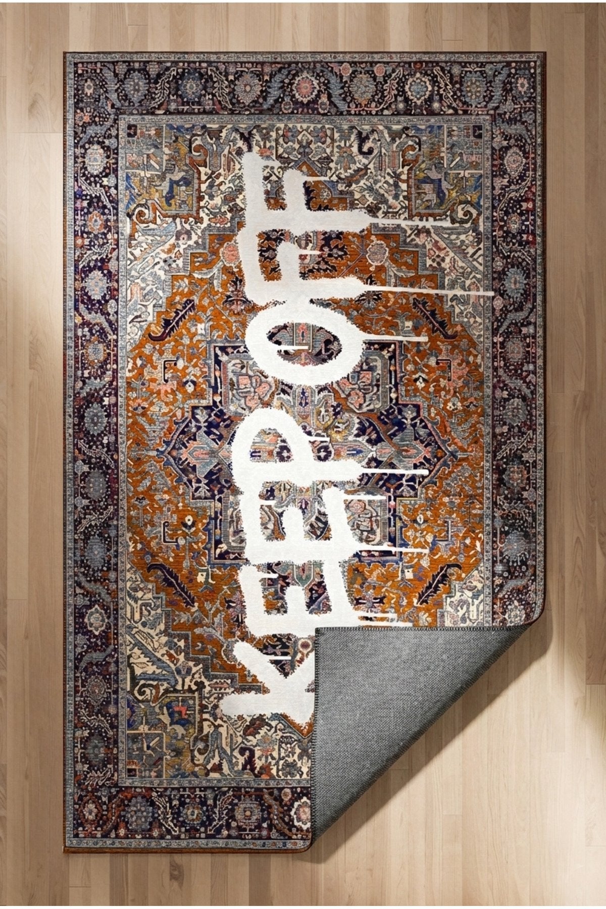 Deira 02 Turuncu Vintage Eskitme Keep Off Yazılı Etnik Motifli Renkli İnce Antre Ofis Ev Oda Halısı