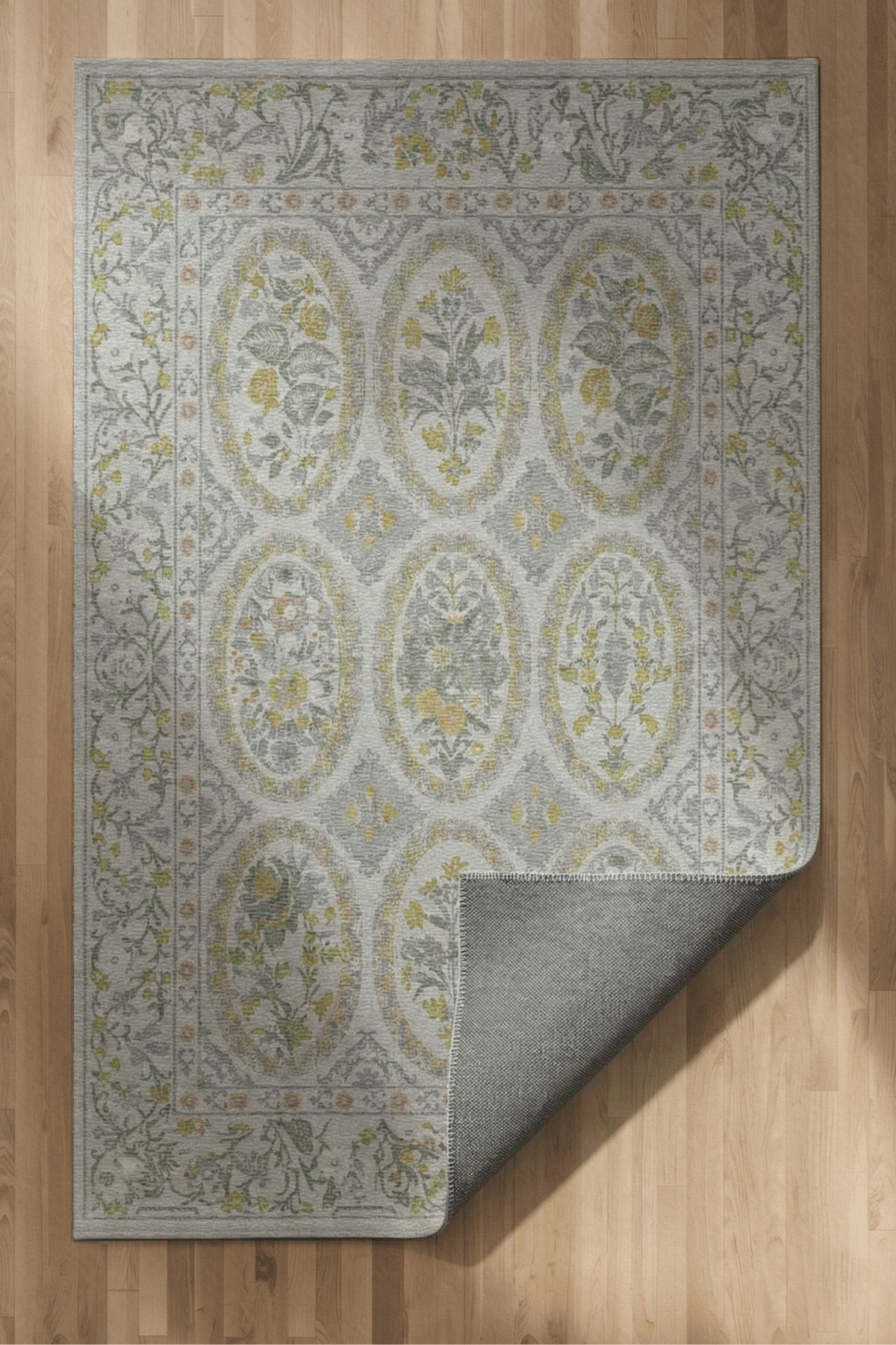 Floris 236 Gri Yeşil Çiçekli Bordürlü Eskitme Desenli Dokuma Şönil Bohem Vintage Oda Halısı