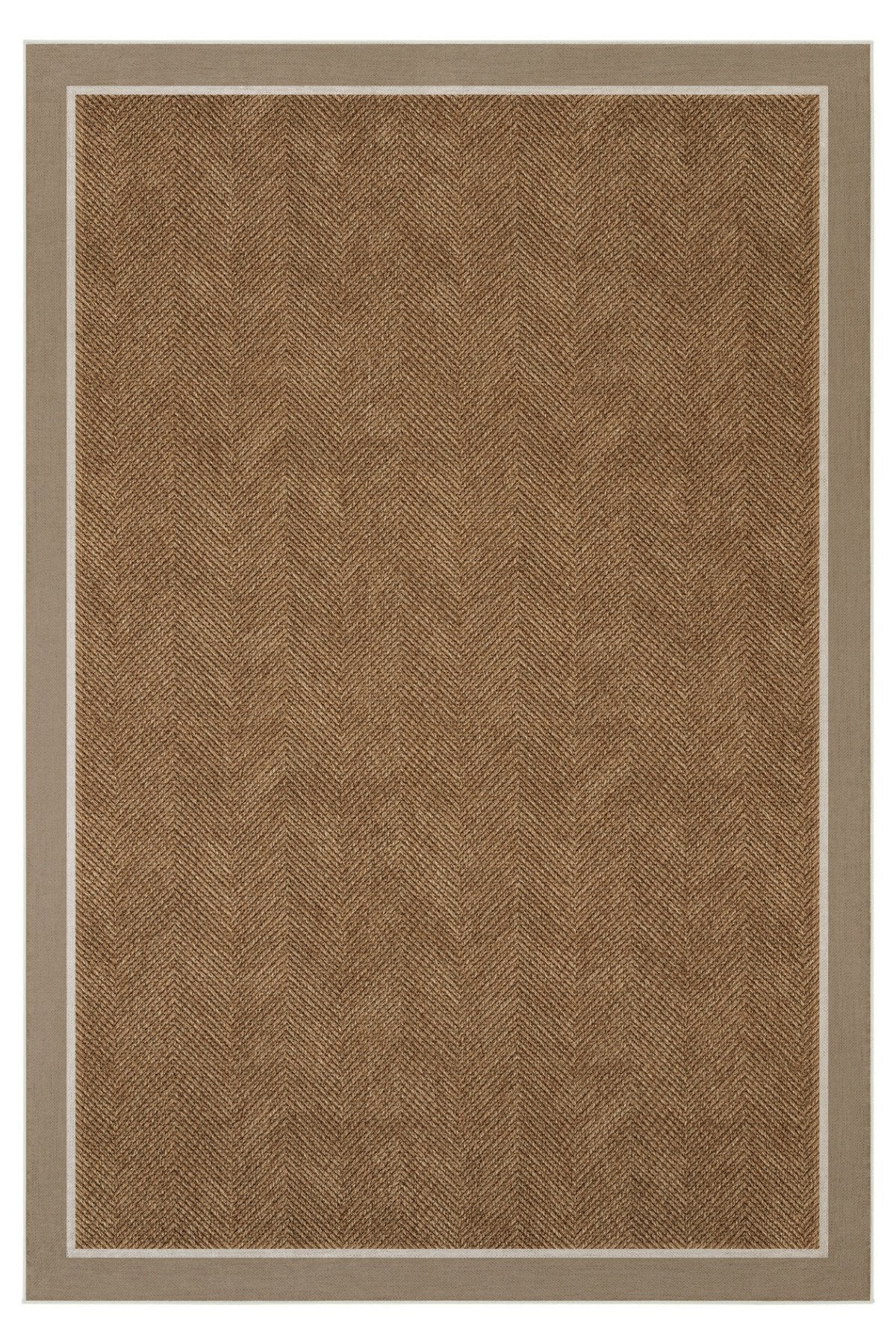 Dotto 202 Bej Beyaz Bordür Kahverengi Dijital Baskı Hasır Görünüm Kaydırmaz Taban Yıkanabilir Halı