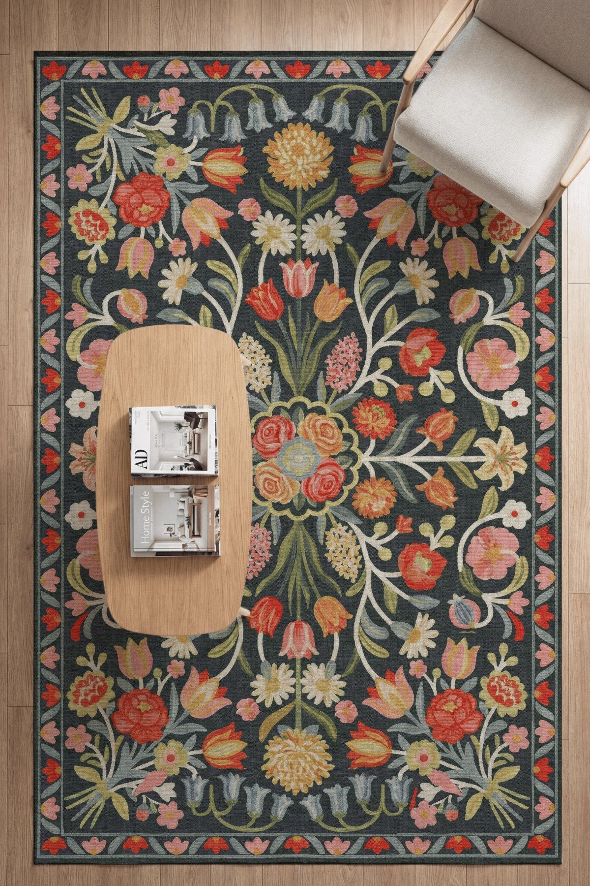 Selené 201 Antrasit Gri Renkli Çiçekli Tasarım Şönil Dokuma Dijital Baskı İnce Antre Ev Oda Halısı