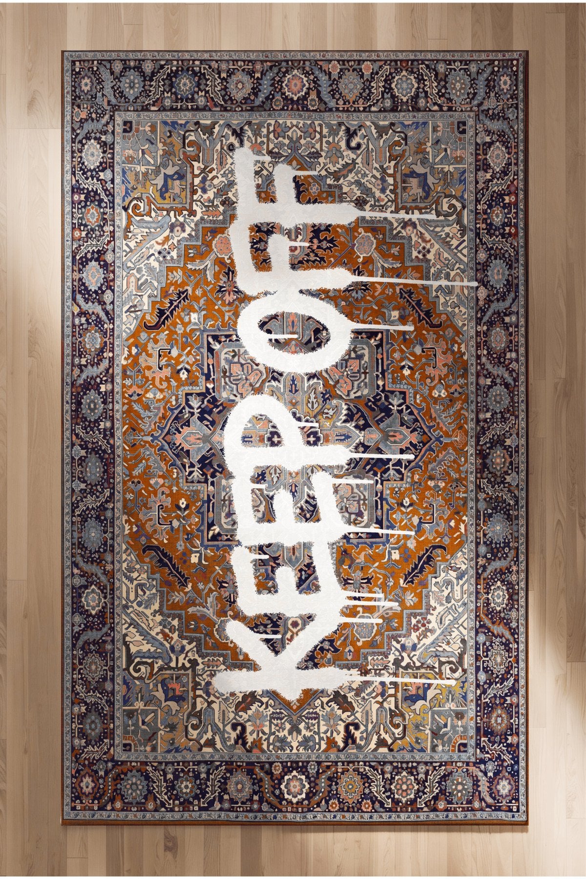 Deira 02 Turuncu Vintage Eskitme Keep Off Yazılı Etnik Motifli Renkli İnce Antre Ofis Ev Oda Halısı