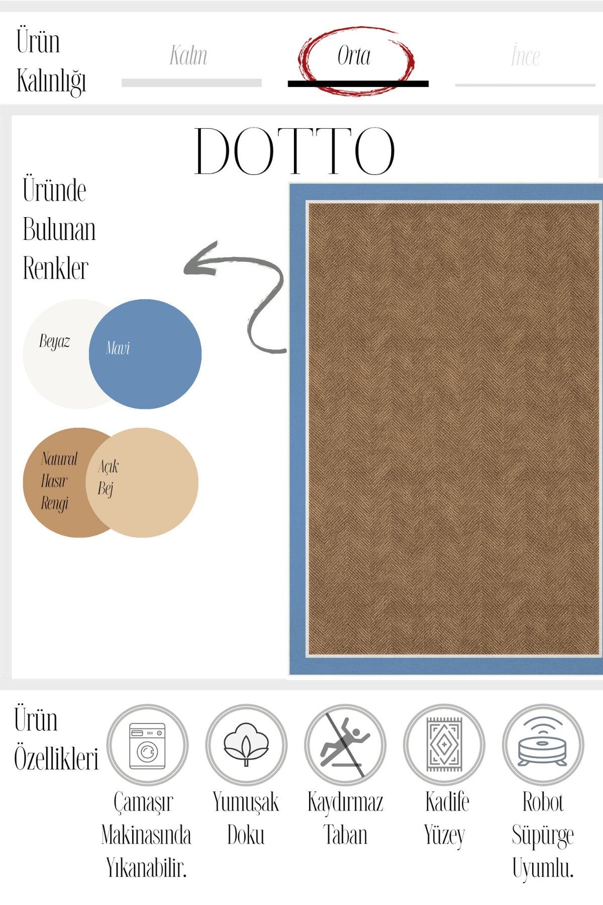 Dotto 203 Mavi Beyaz Bordür Kahverengi Dijital Baskı Hasır Görünüm Kaymaz Taban Yıkanabilir Halı