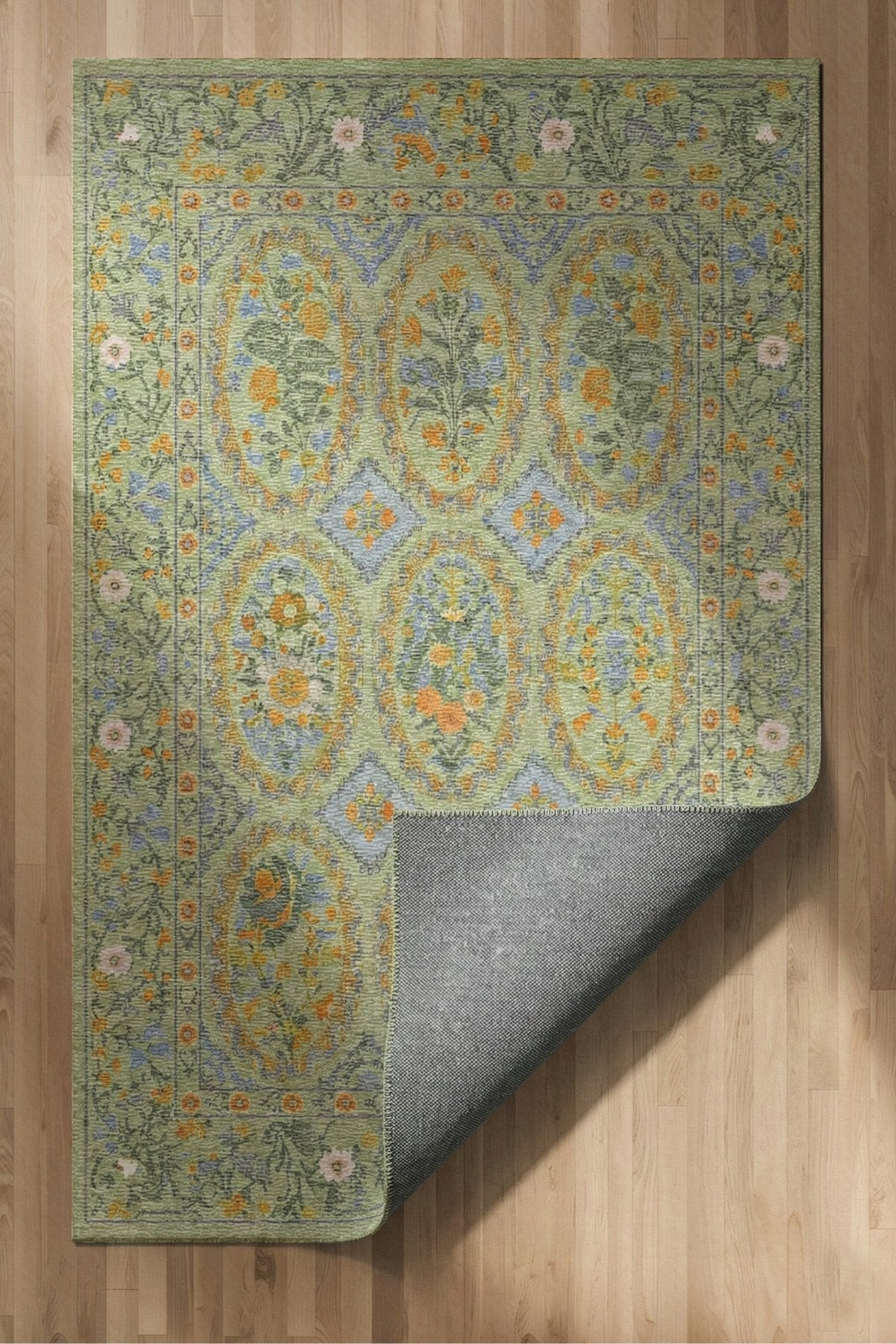 Floris 230 Yeşil Turuncu Çiçekli Bordürlü Eskitme Desenli Dokuma Şönil Bohem Vintage Oda Halısı