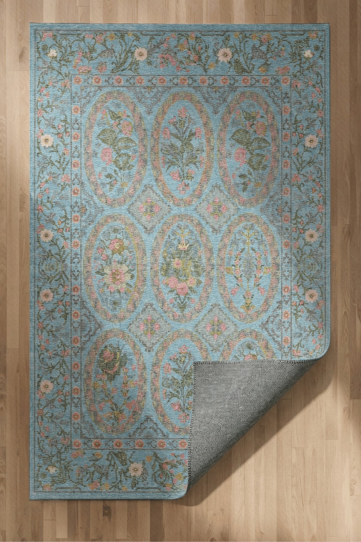 Floris 232 Mavi Pembe Çiçekli Bordürlü Eskitme Desenli Dokuma Şönil Bohem Vintage Oda Halısı