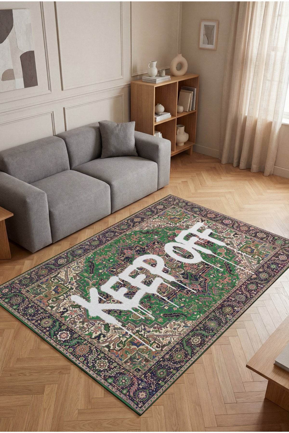 Deira 01 Yeşil Vintage Eskitme Keep Off Yazılı Etnik Motifli Renkli Antre Ofis Ev Oda Salon Halısı