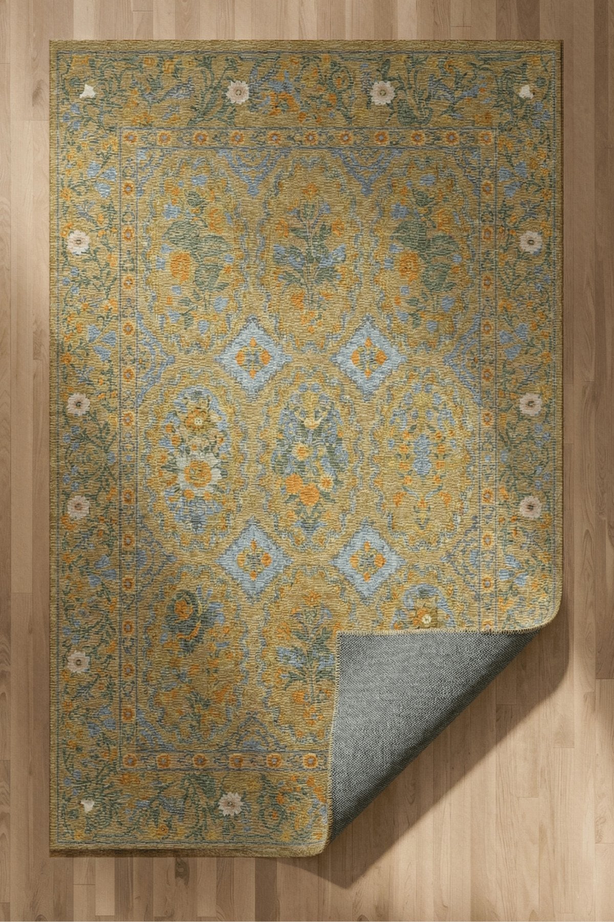 Floris 233 Sarı Turuncu Yeşil Çiçekli Bordürlü Eskitme Desenli Dokuma Şönil Bohem Vintage Oda Halısı