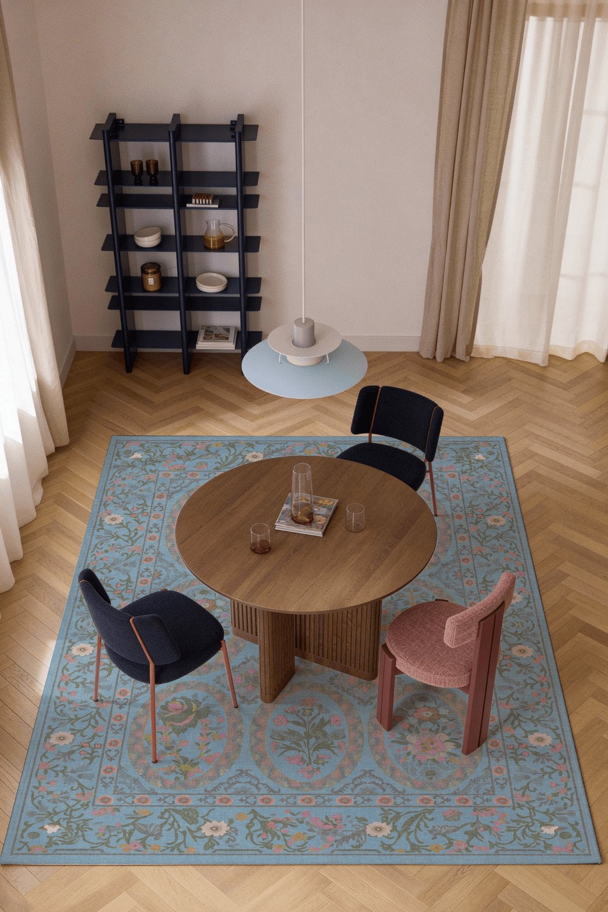 Floris 232 Mavi Pembe Çiçekli Bordürlü Eskitme Desenli Dokuma Şönil Bohem Vintage Oda Halısı