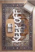 Deira 02 Turuncu Vintage Eskitme Keep Off Yazılı Etnik Motifli Renkli İnce Antre Ofis Ev Oda Halısı
