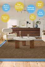 Dotto 203 Mavi Beyaz Bordür Kahverengi Dijital Baskı Hasır Görünüm Kaymaz Taban Yıkanabilir Halı