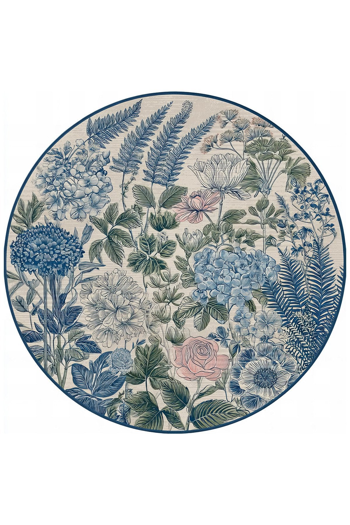 Como 02 Mavi Pembe Yuvarlak Bej Bahar Çiçekleri Desenli İnce Dokuma Taban Yıkanabilir Ev Alan Halısı