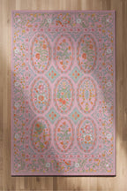 Floris 231 Pembe Yeşil Çiçekli Bordürlü Eskitme Desenli Dokuma Şönil Bohem Vintage Oda Halısı