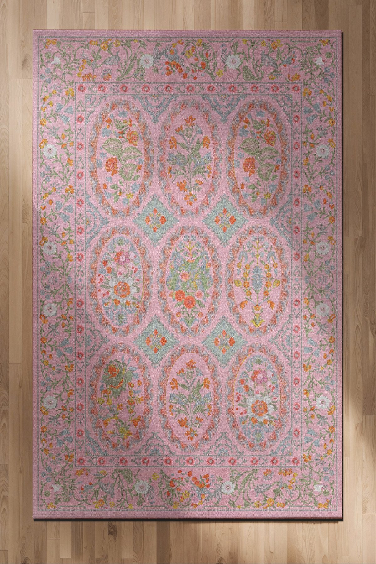 Floris 231 Pembe Yeşil Çiçekli Bordürlü Eskitme Desenli Dokuma Şönil Bohem Vintage Oda Halısı