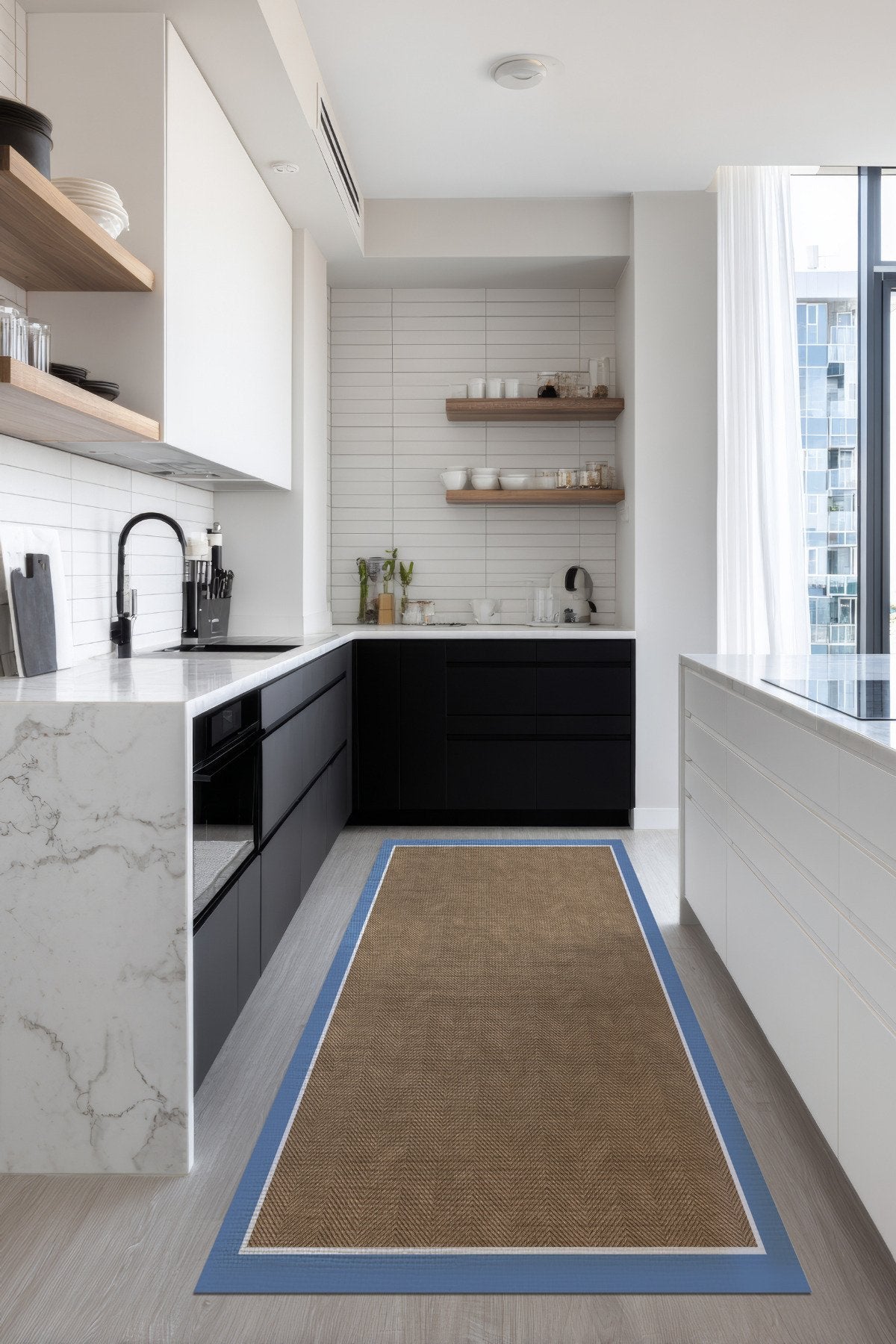 Dotto 203 Mavi Beyaz Bordür Kahverengi Dijital Baskı Hasır Görünüm Kaymaz Taban Yıkanabilir Halı