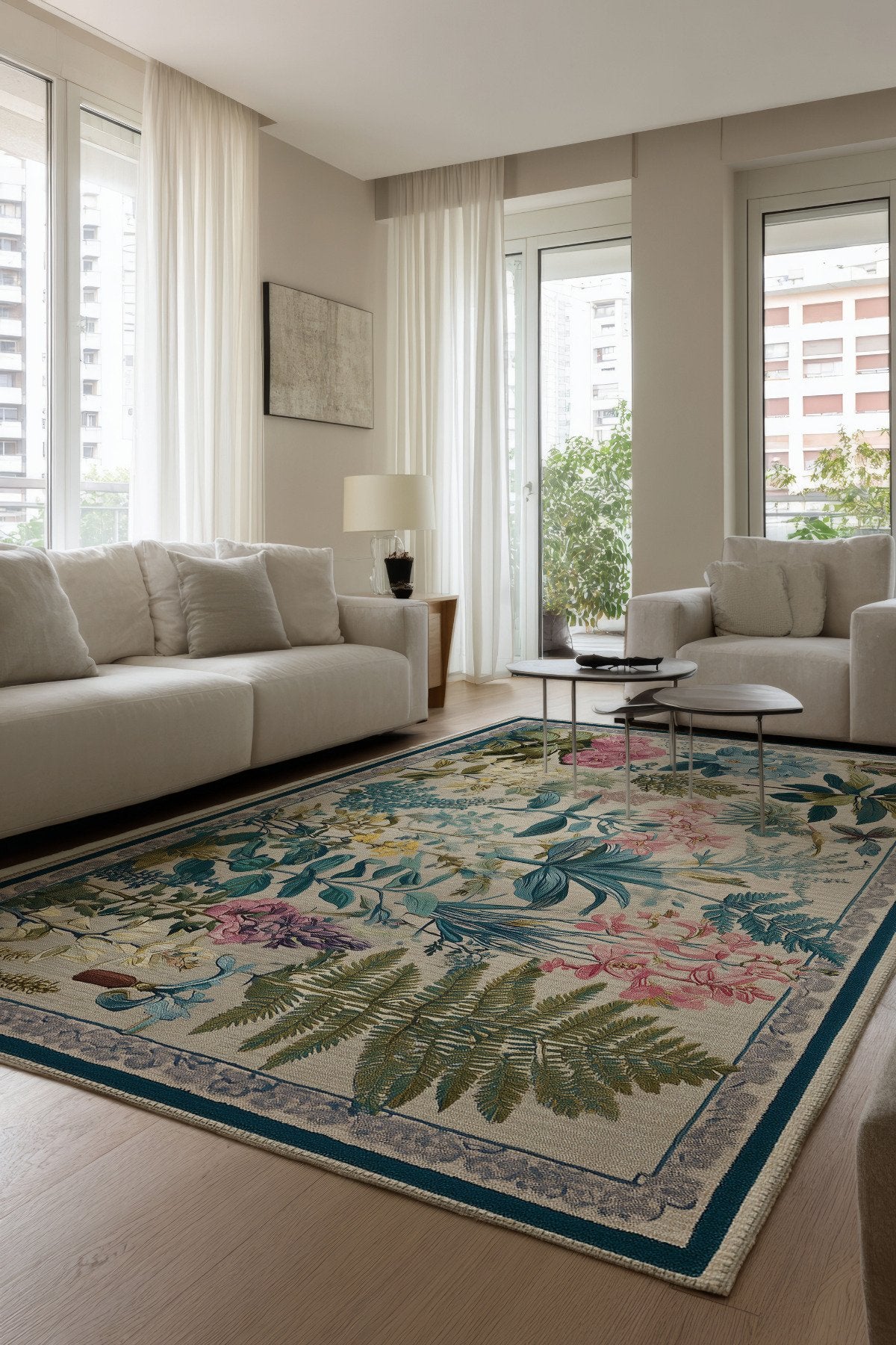 Garden 820 Çiçekli Bordürlü Bej Renkli Floral Halı Yıkanabilir Salon Mutfak Oturma Odası Halısı