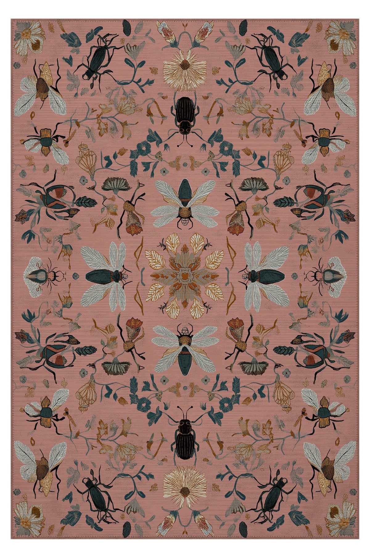 Fiora 228 Pembe Kelebek Desenli Yıkanabilir Çiçekli Halı Dokuma Taban Salon Oturma Odası Halısı