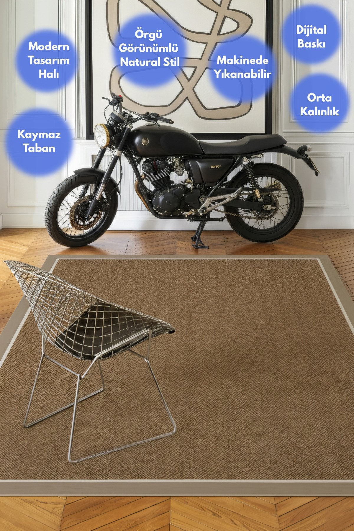 Dotto 202 Bej Beyaz Bordür Kahverengi Dijital Baskı Hasır Görünüm Kaydırmaz Taban Yıkanabilir Halı