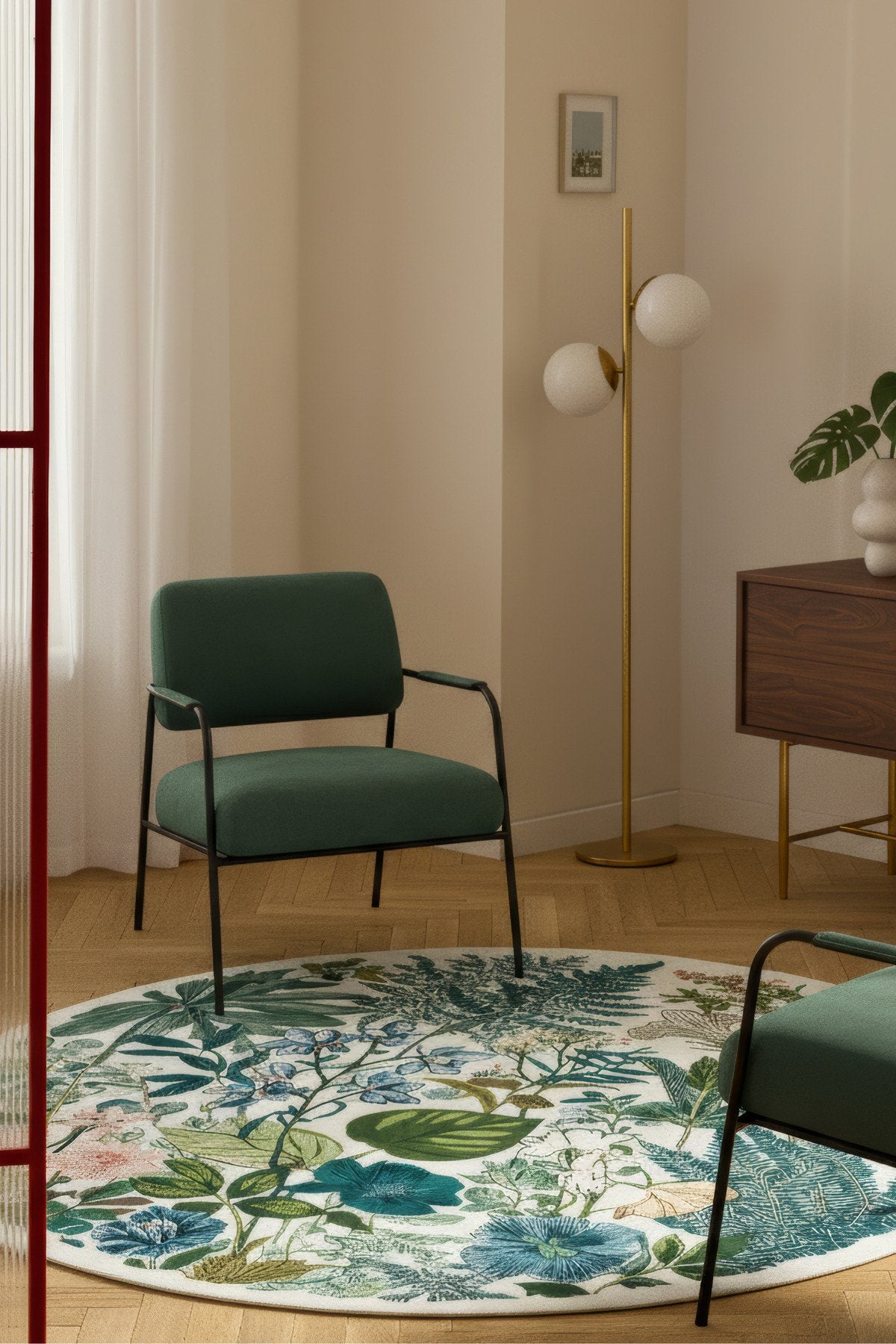 Como 03 Renkli Yuvarlak Bej Bahar Çiçekleri Desen İnce Dokuma Taban Yıkanabilir Mutfak Antre Halısı