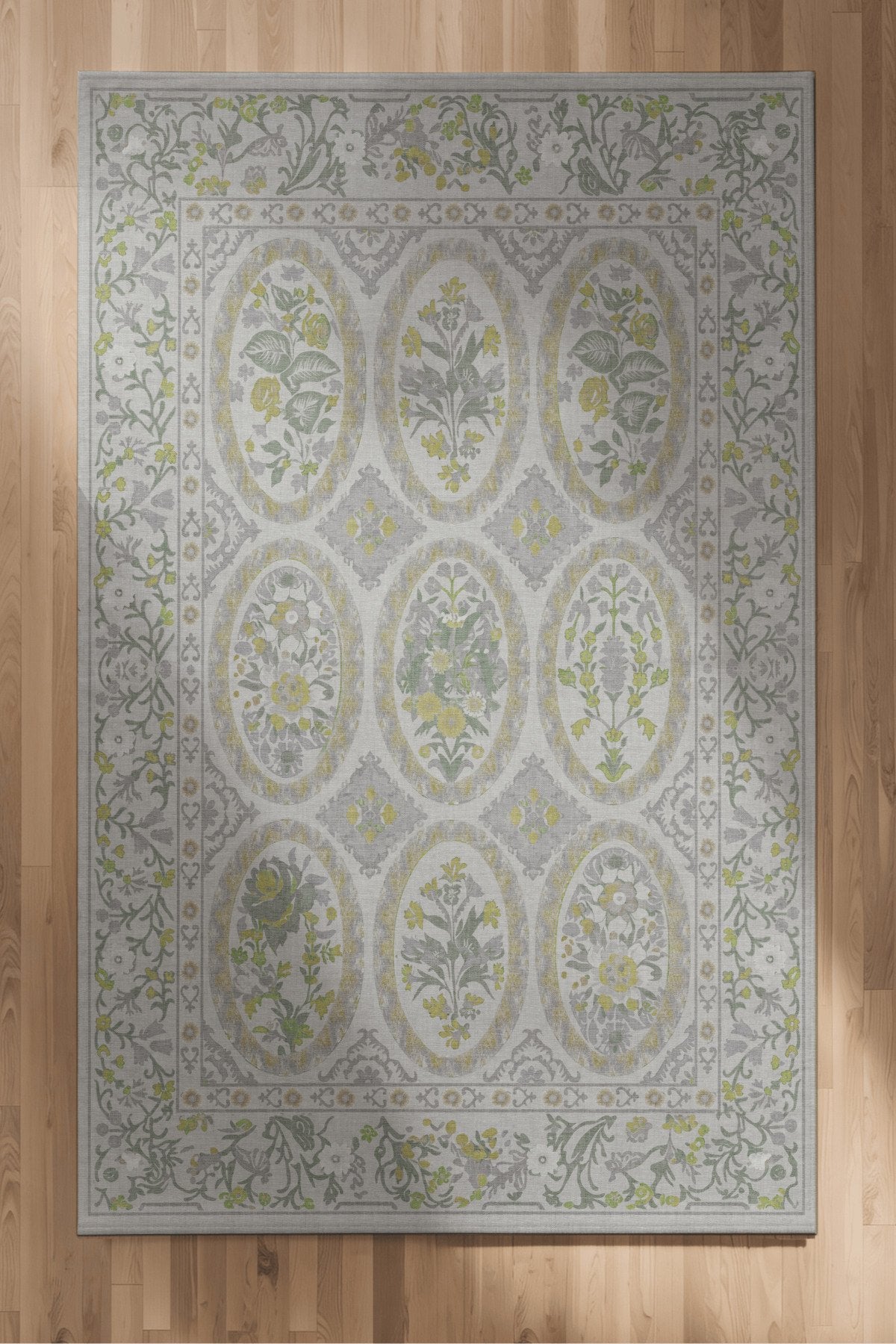 Floris 236 Gri Yeşil Çiçekli Bordürlü Eskitme Desenli Dokuma Şönil Bohem Vintage Oda Halısı