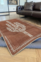 Pera 220 Bohem Kaktüs Desenli Kiremit Rengi Rustik Dekoratif Halı Yıkanabilir Salon Oturma Ev Halısı