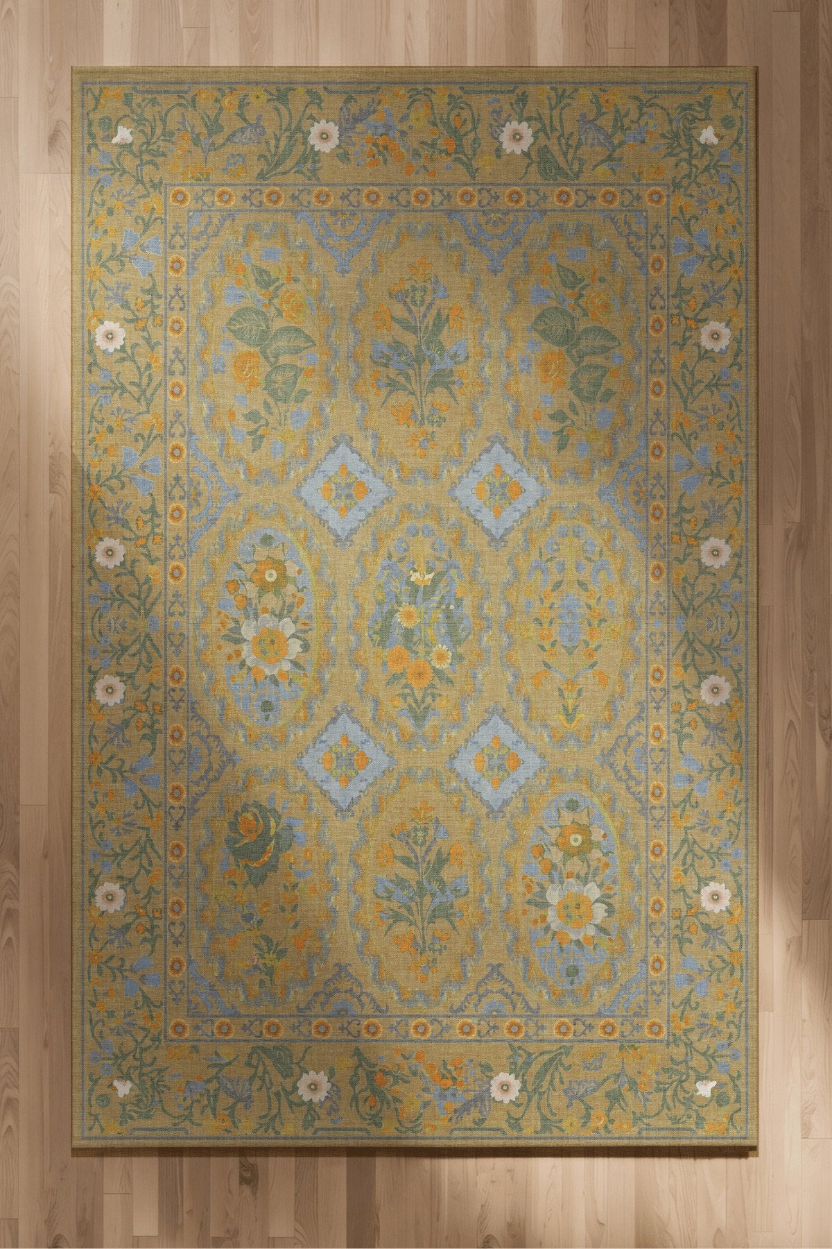 Floris 233 Sarı Turuncu Yeşil Çiçekli Bordürlü Eskitme Desenli Dokuma Şönil Bohem Vintage Oda Halısı