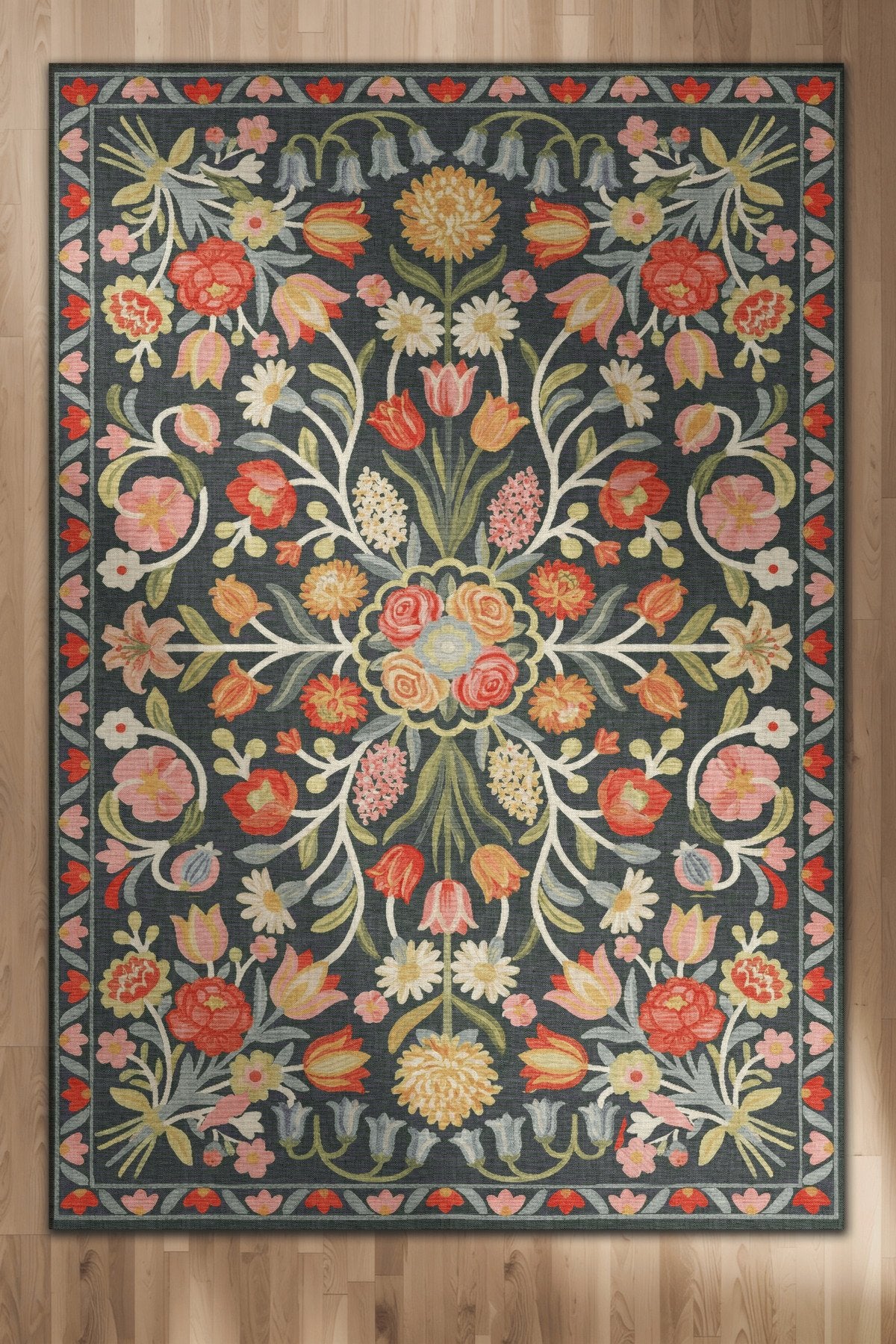 Selené 201 Antrasit Gri Renkli Çiçekli Tasarım Şönil Dokuma Dijital Baskı İnce Antre Ev Oda Halısı