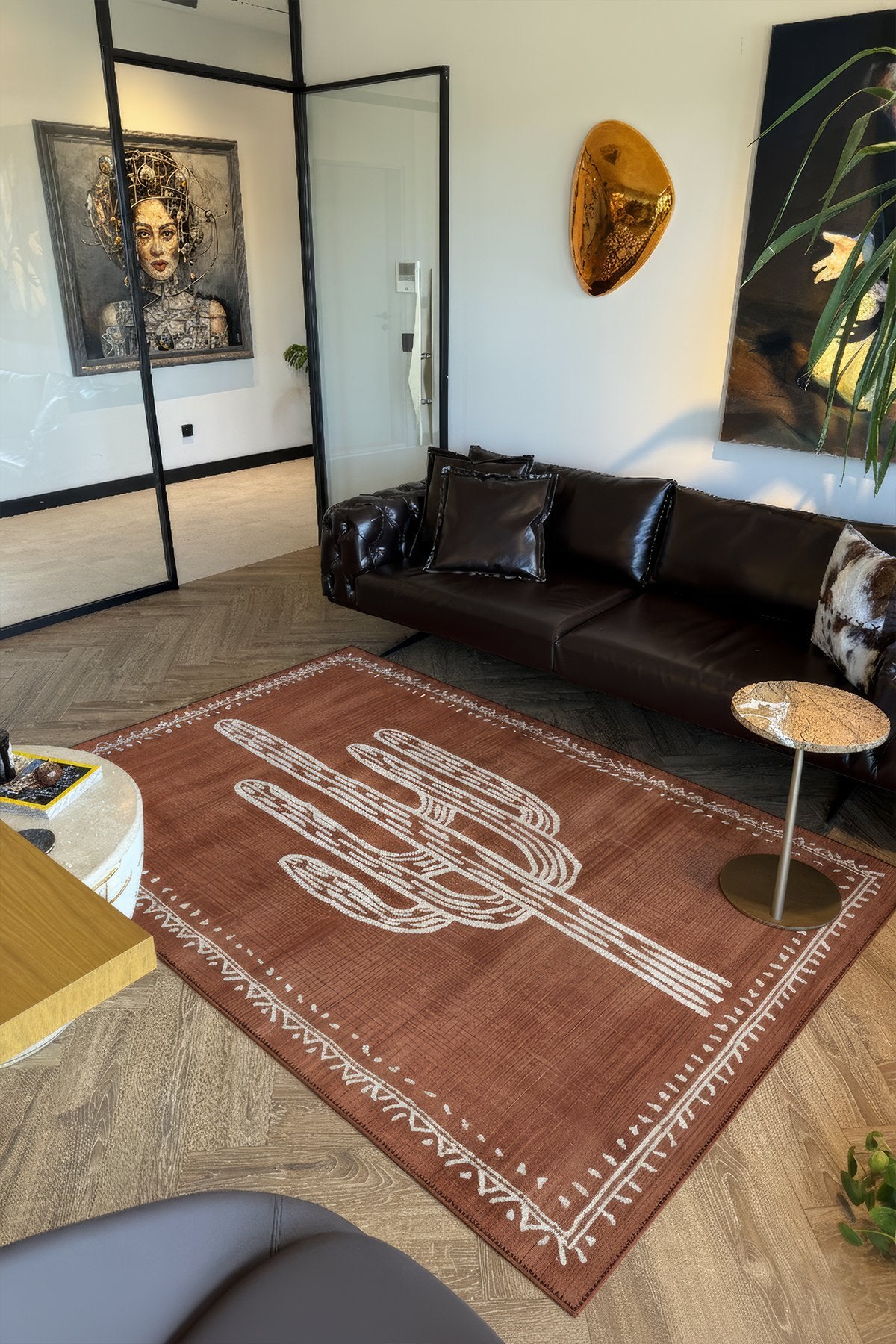 Pera 220 Bohem Kaktüs Desenli Kiremit Rengi Rustik Dekoratif Halı Yıkanabilir Salon Oturma Ev Halısı