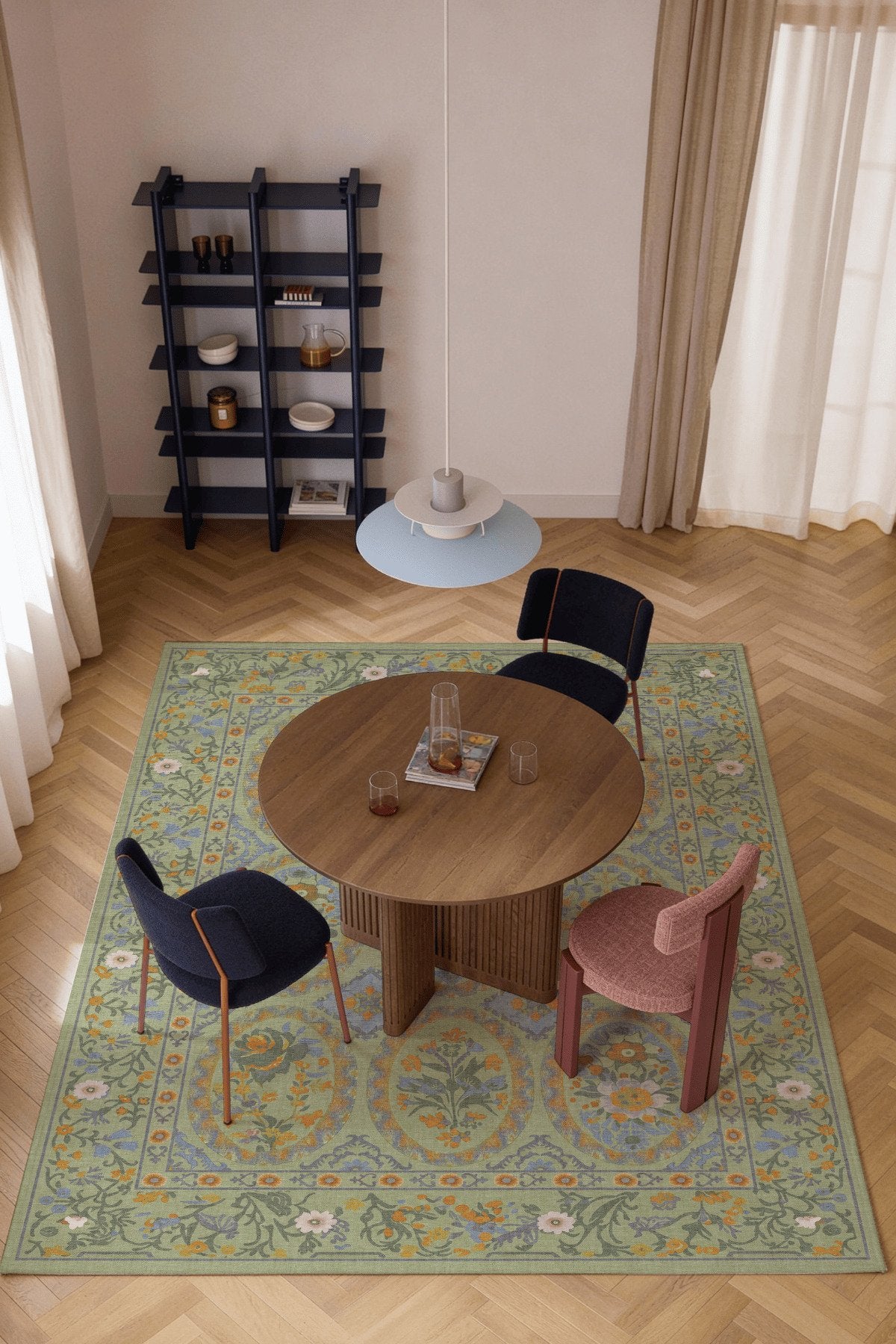 Floris 230 Yeşil Turuncu Çiçekli Bordürlü Eskitme Desenli Dokuma Şönil Bohem Vintage Oda Halısı