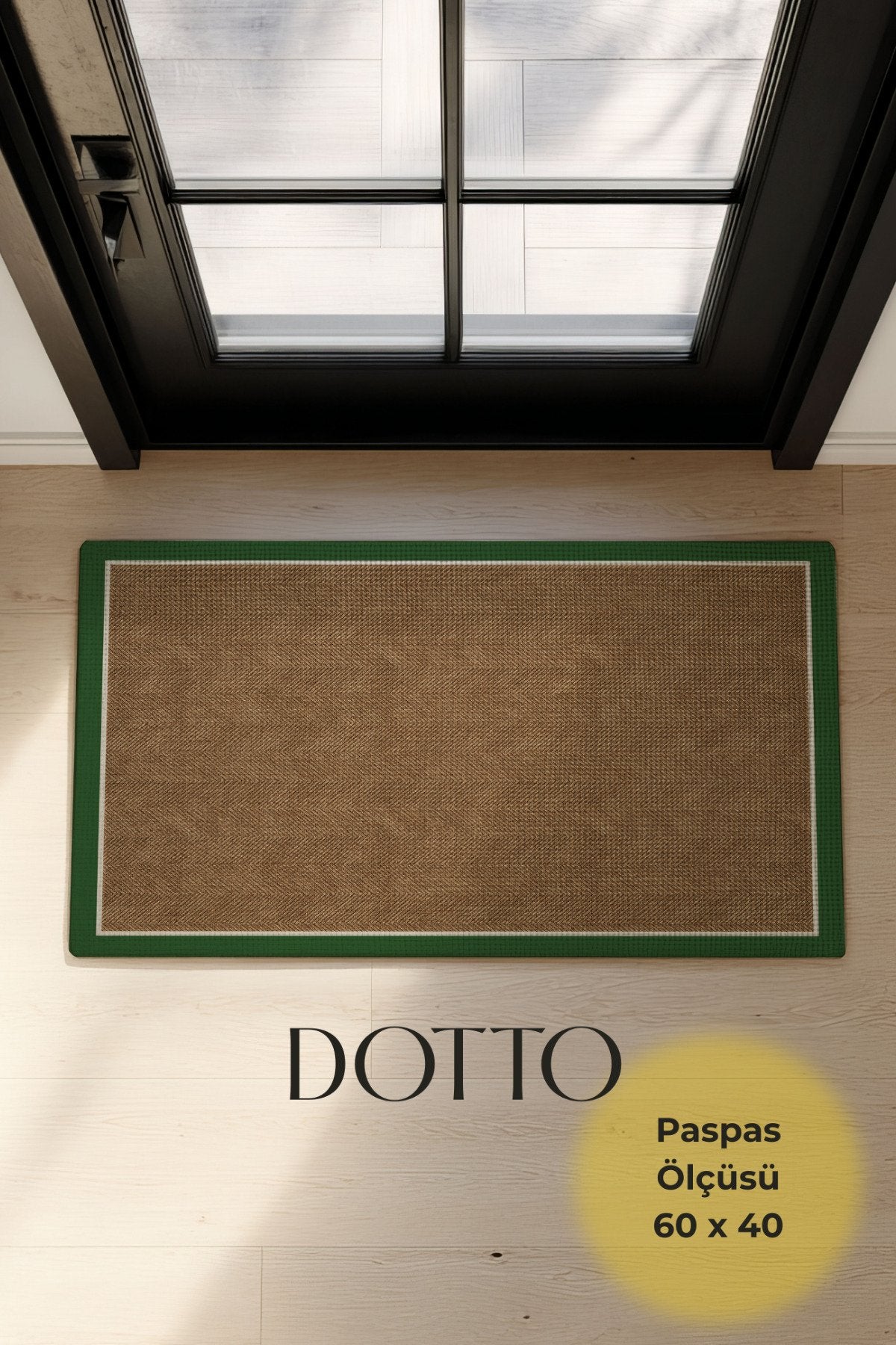 Dotto 201 Yeşil Krem Bordür Kahverengi Dijital Baskı Hasır Görünüm Kaydırmaz Taban Yıkanabilir Halı