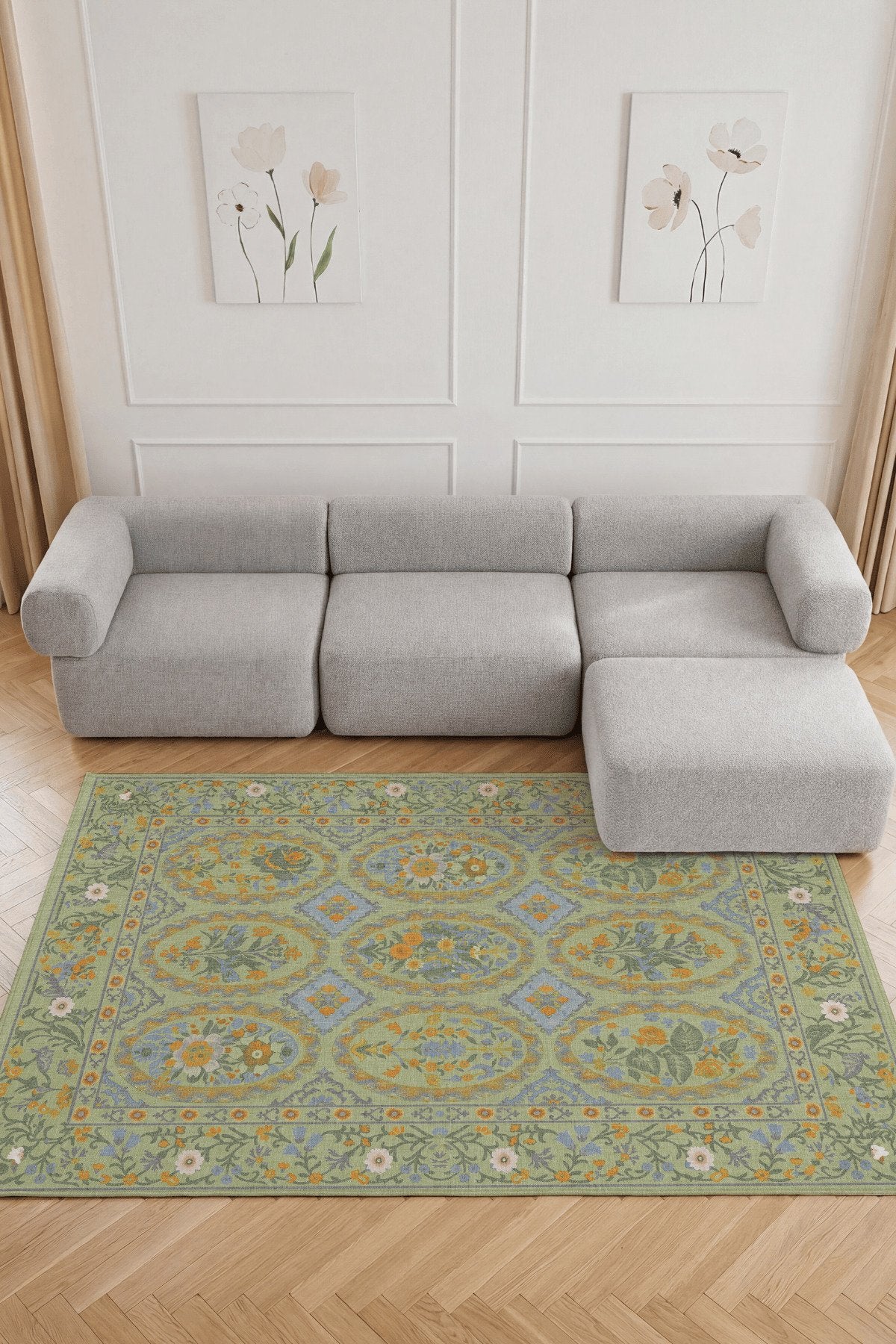 Floris 230 Yeşil Turuncu Çiçekli Bordürlü Eskitme Desenli Dokuma Şönil Bohem Vintage Oda Halısı