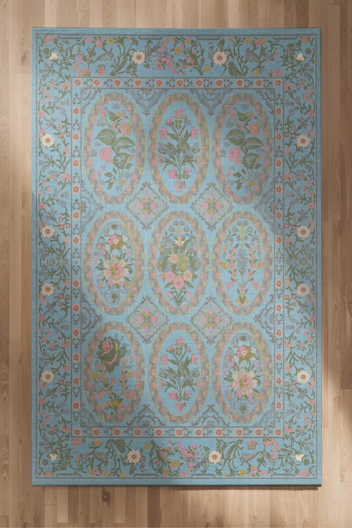 Floris 232 Mavi Pembe Çiçekli Bordürlü Eskitme Desenli Dokuma Şönil Bohem Vintage Oda Halısı