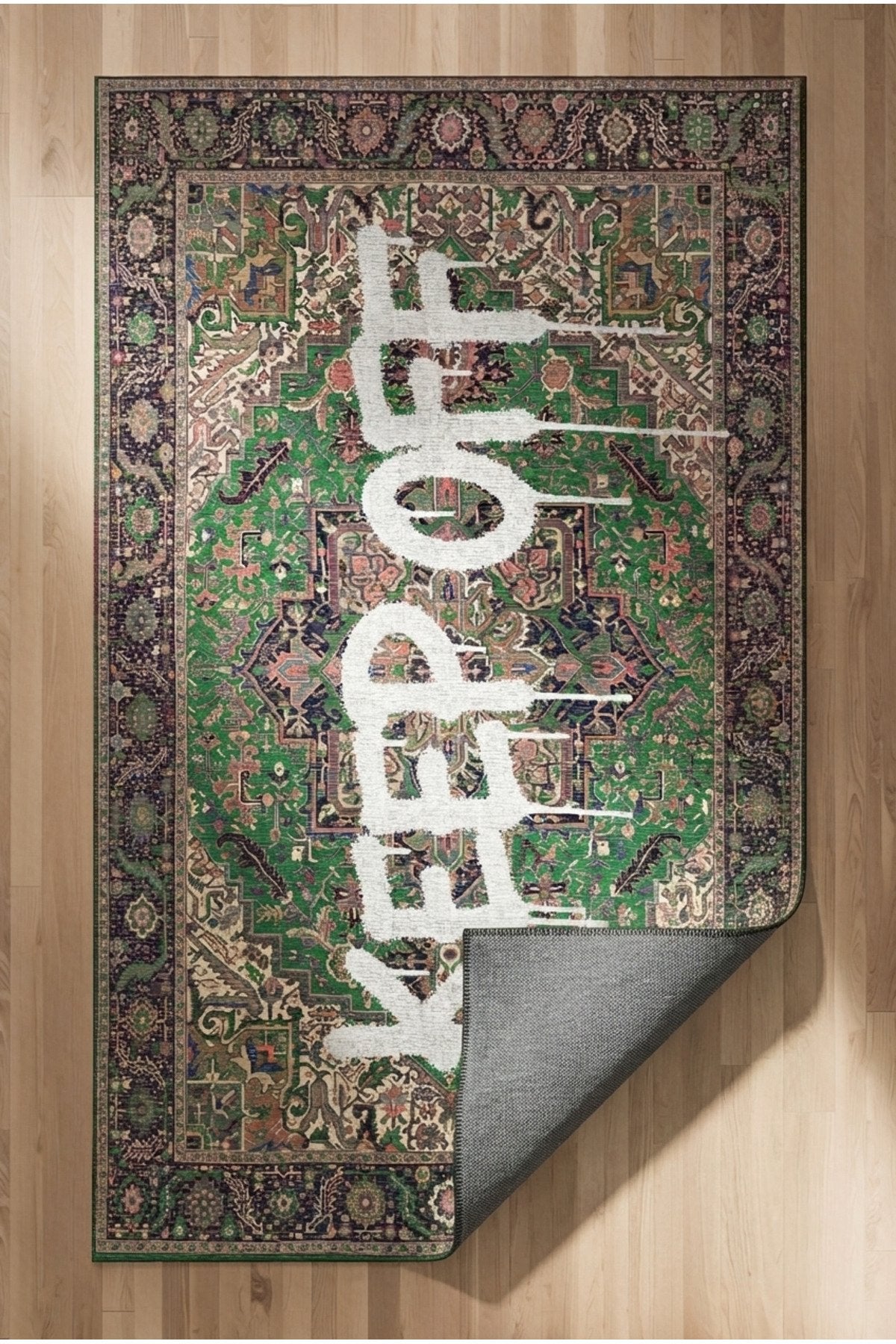 Deira 01 Yeşil Vintage Eskitme Keep Off Yazılı Etnik Motifli Renkli Antre Ofis Ev Oda Salon Halısı