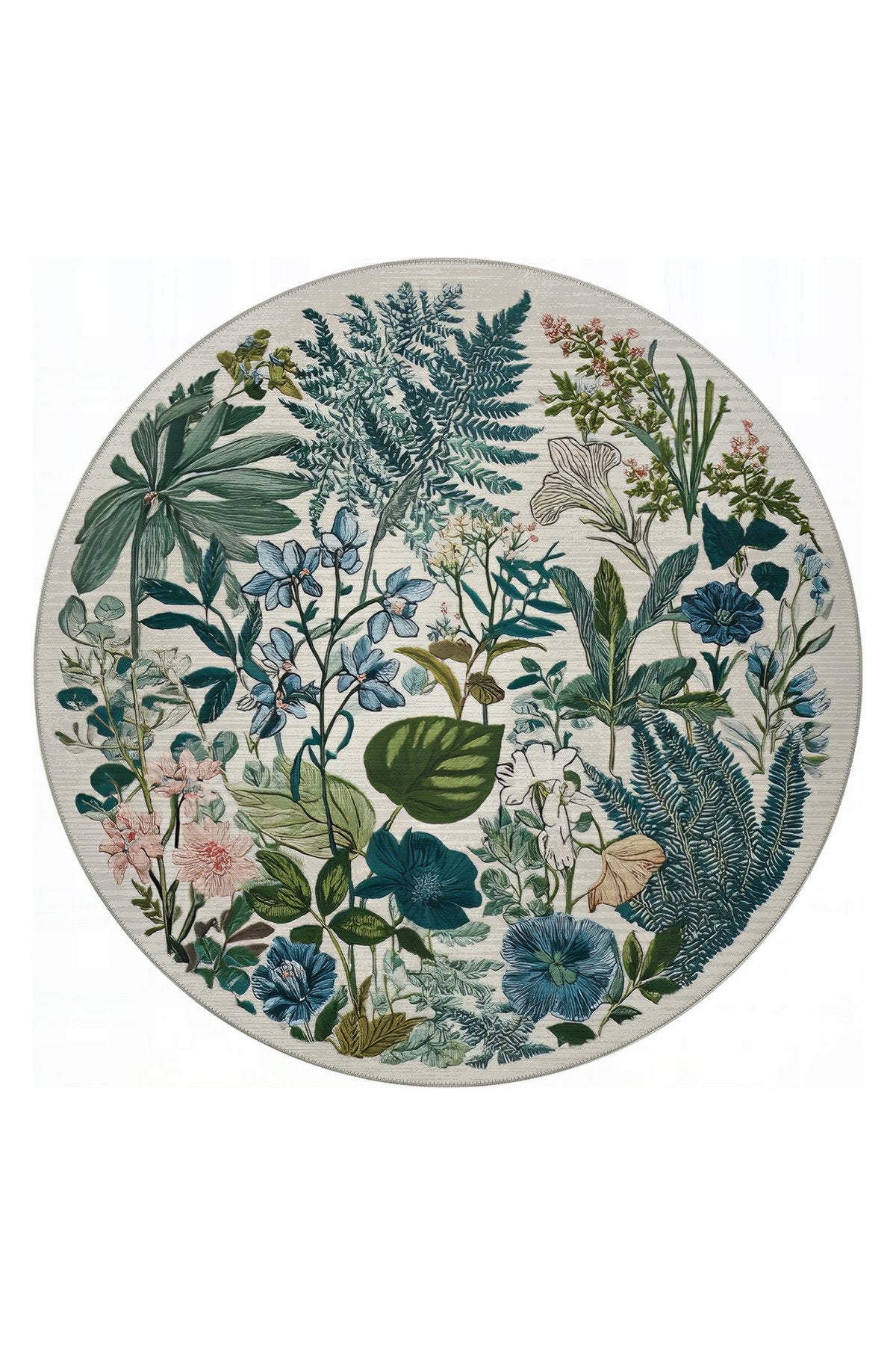 Como 03 Renkli Yuvarlak Bej Bahar Çiçekleri Desen İnce Dokuma Taban Yıkanabilir Mutfak Antre Halısı