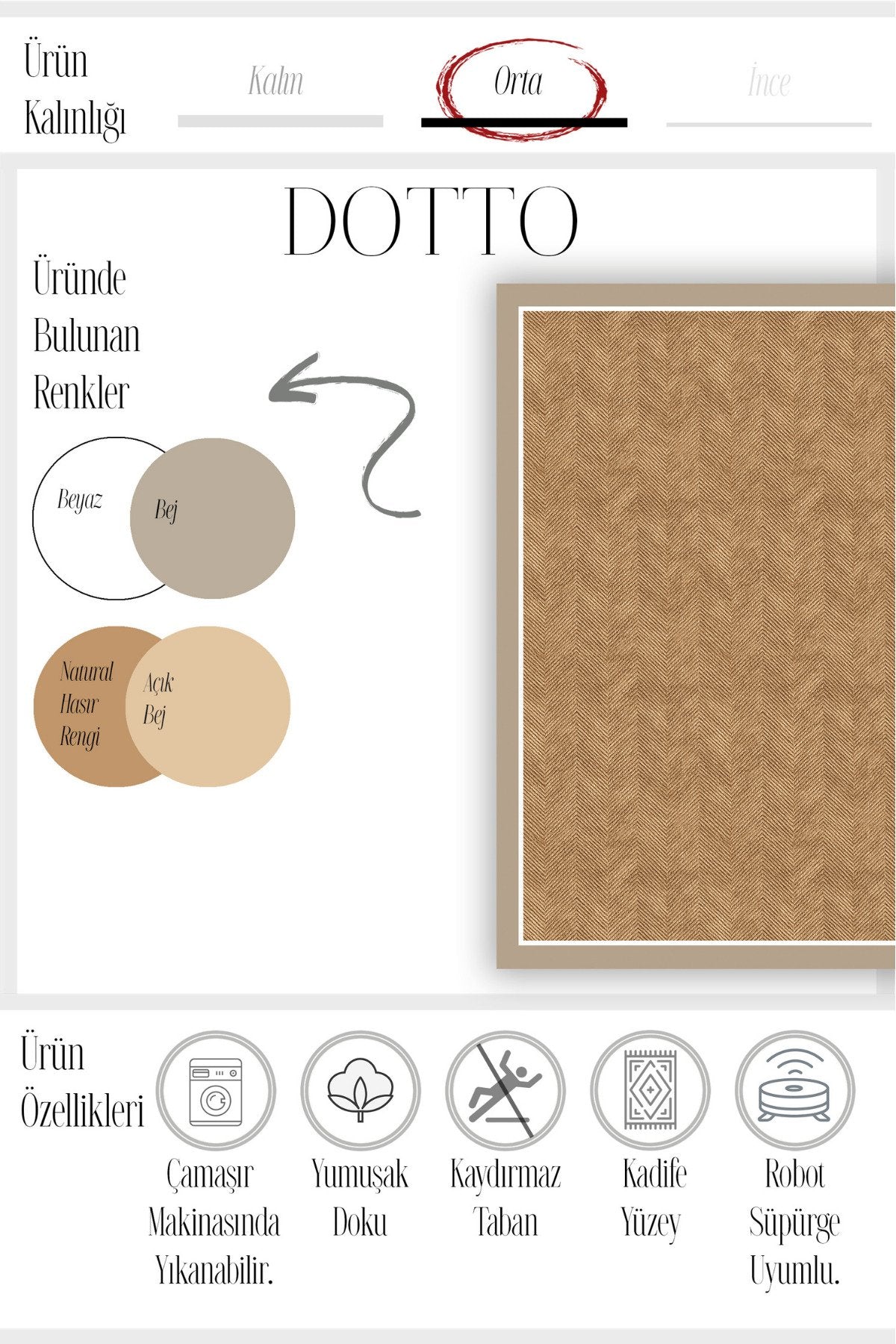 Dotto 202 Bej Beyaz Bordür Kahverengi Dijital Baskı Hasır Görünüm Kaydırmaz Taban Yıkanabilir Halı