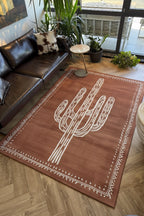 Pera 220 Bohem Kaktüs Desenli Kiremit Rengi Rustik Dekoratif Halı Yıkanabilir Salon Oturma Ev Halısı