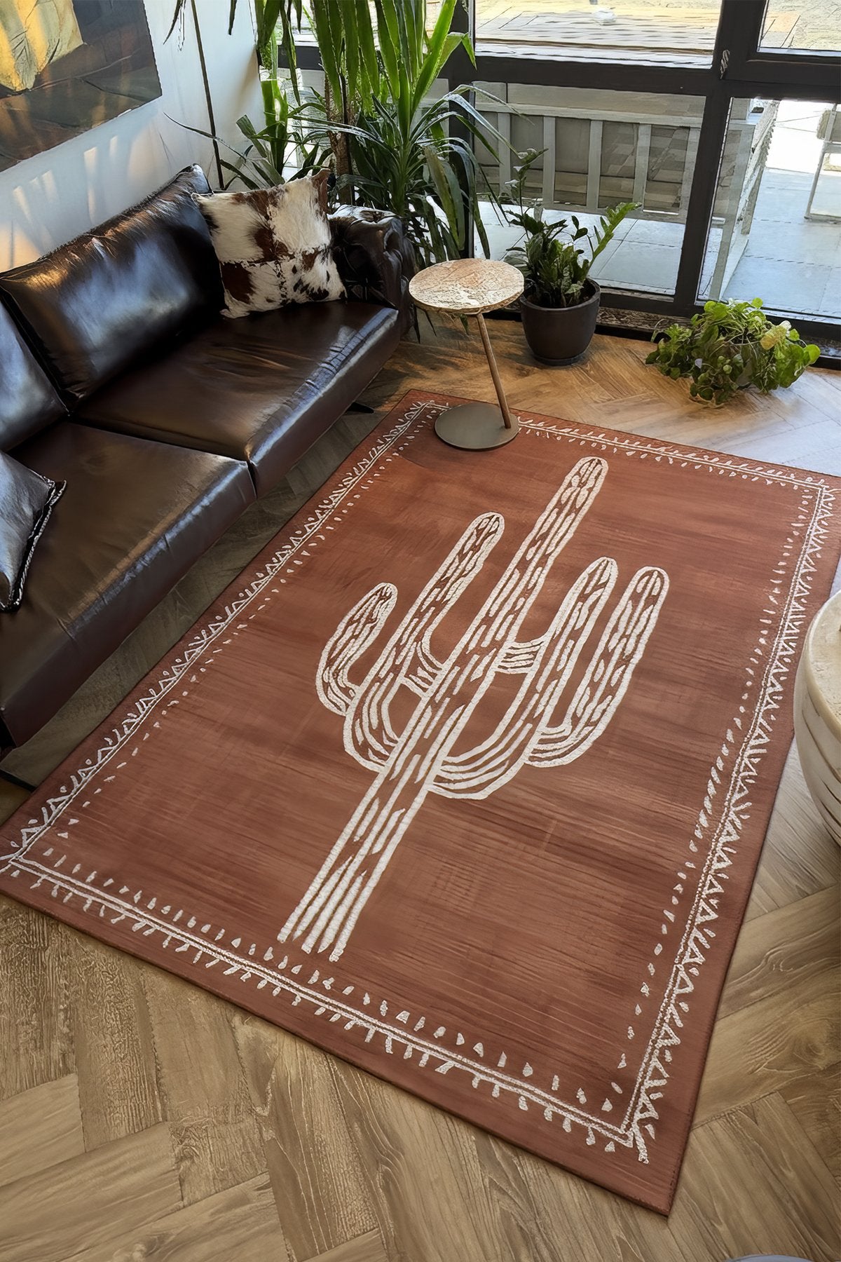 Pera 220 Bohem Kaktüs Desenli Kiremit Rengi Rustik Dekoratif Halı Yıkanabilir Salon Oturma Ev Halısı