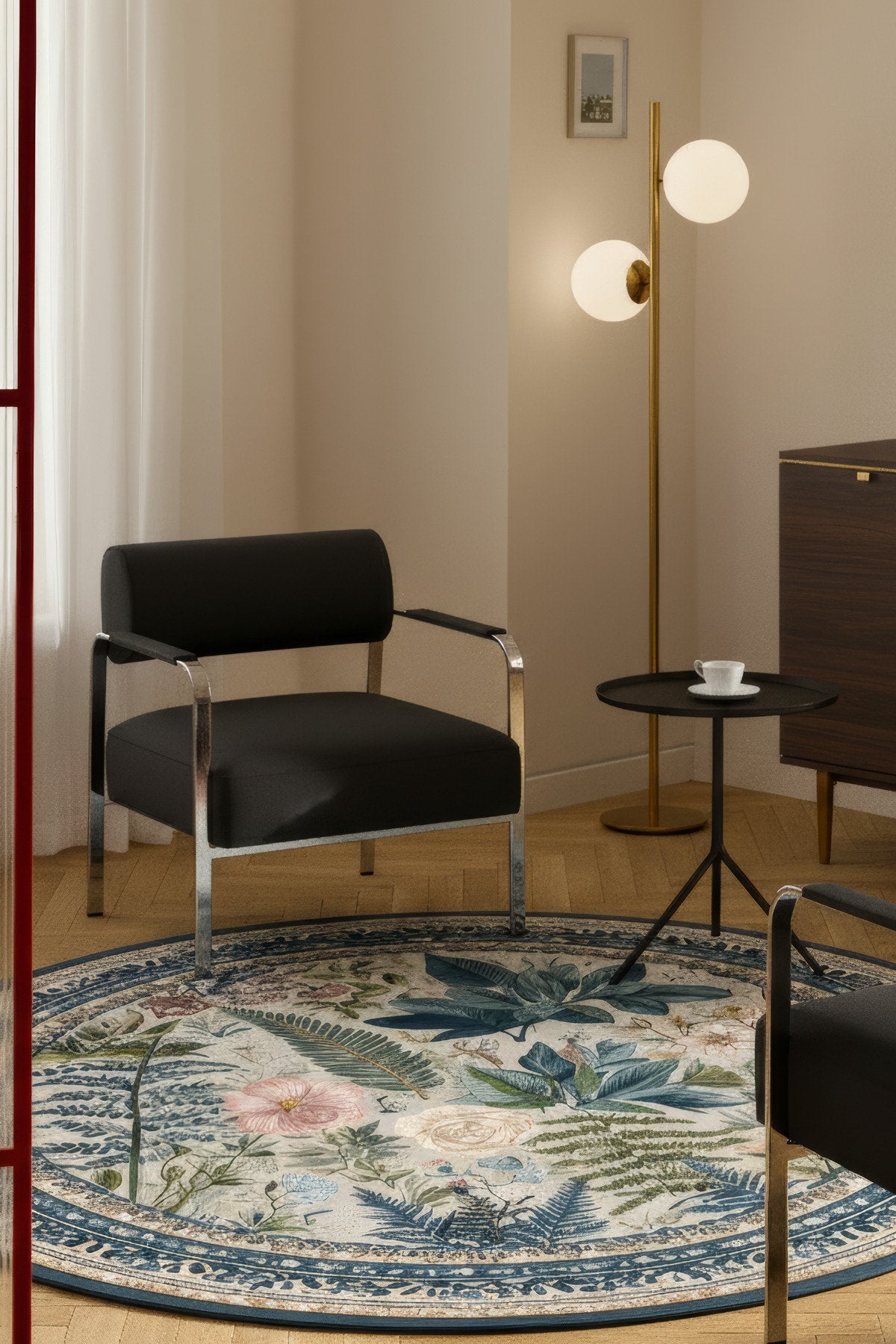 Como 06 Botanik Desenli Yuvarlak Renkli Bordürlü İnce Dokuma Taban Yıkanabilir Mutfak Antre Halısı