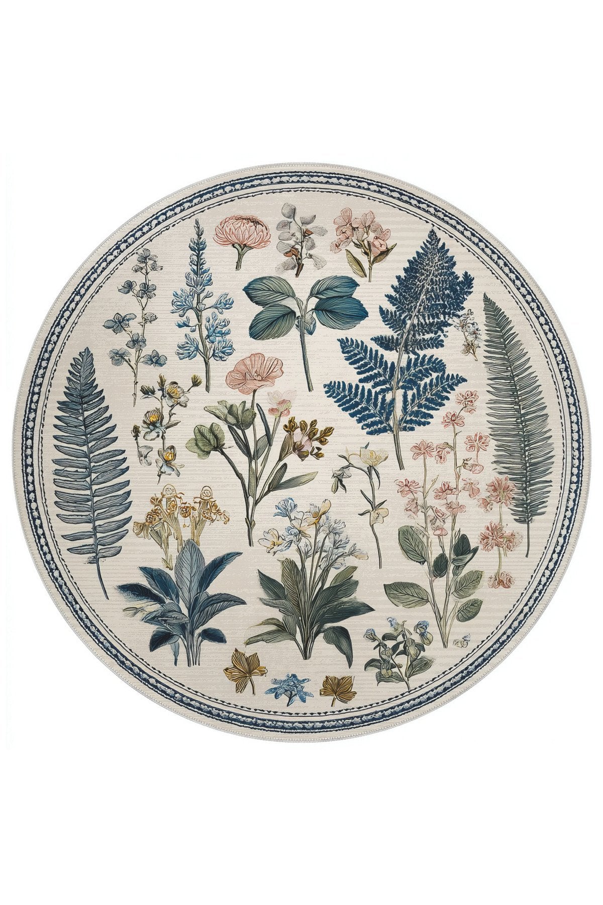 Como 04 Botanik Desenli Yuvarlak Renkli İnce Dokuma Taban Yıkanabilir Mutfak Antre Halısı