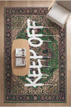 Deira 01 Yeşil Vintage Eskitme Keep Off Yazılı Etnik Motifli Renkli Antre Ofis Ev Oda Salon Halısı