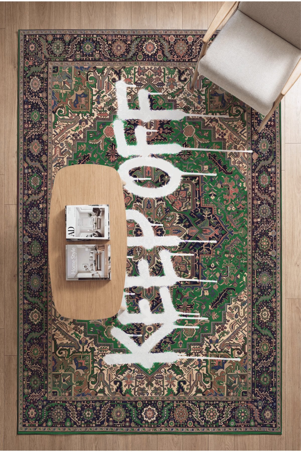 Deira 01 Yeşil Vintage Eskitme Keep Off Yazılı Etnik Motifli Renkli Antre Ofis Ev Oda Salon Halısı