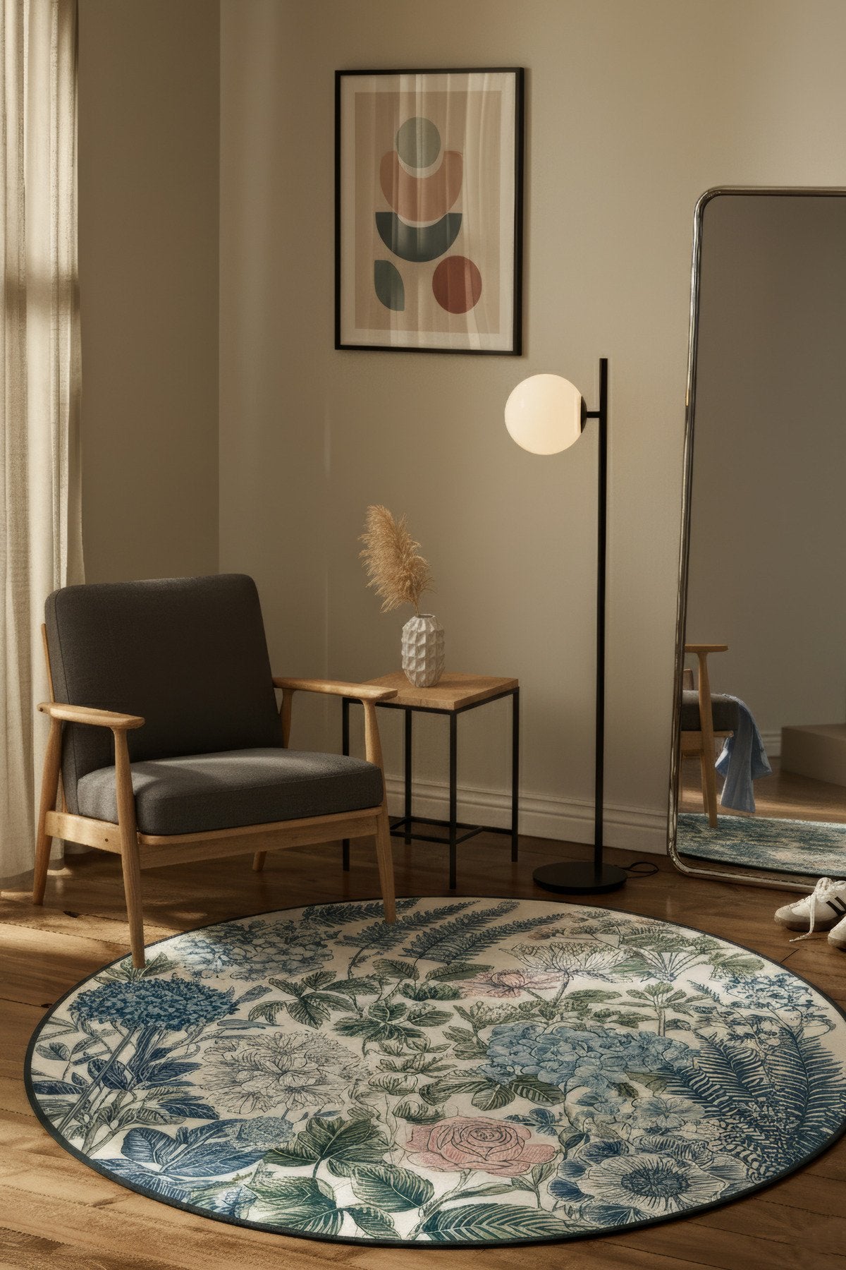 Como 02 Mavi Pembe Yuvarlak Bej Bahar Çiçekleri Desenli İnce Dokuma Taban Yıkanabilir Ev Alan Halısı