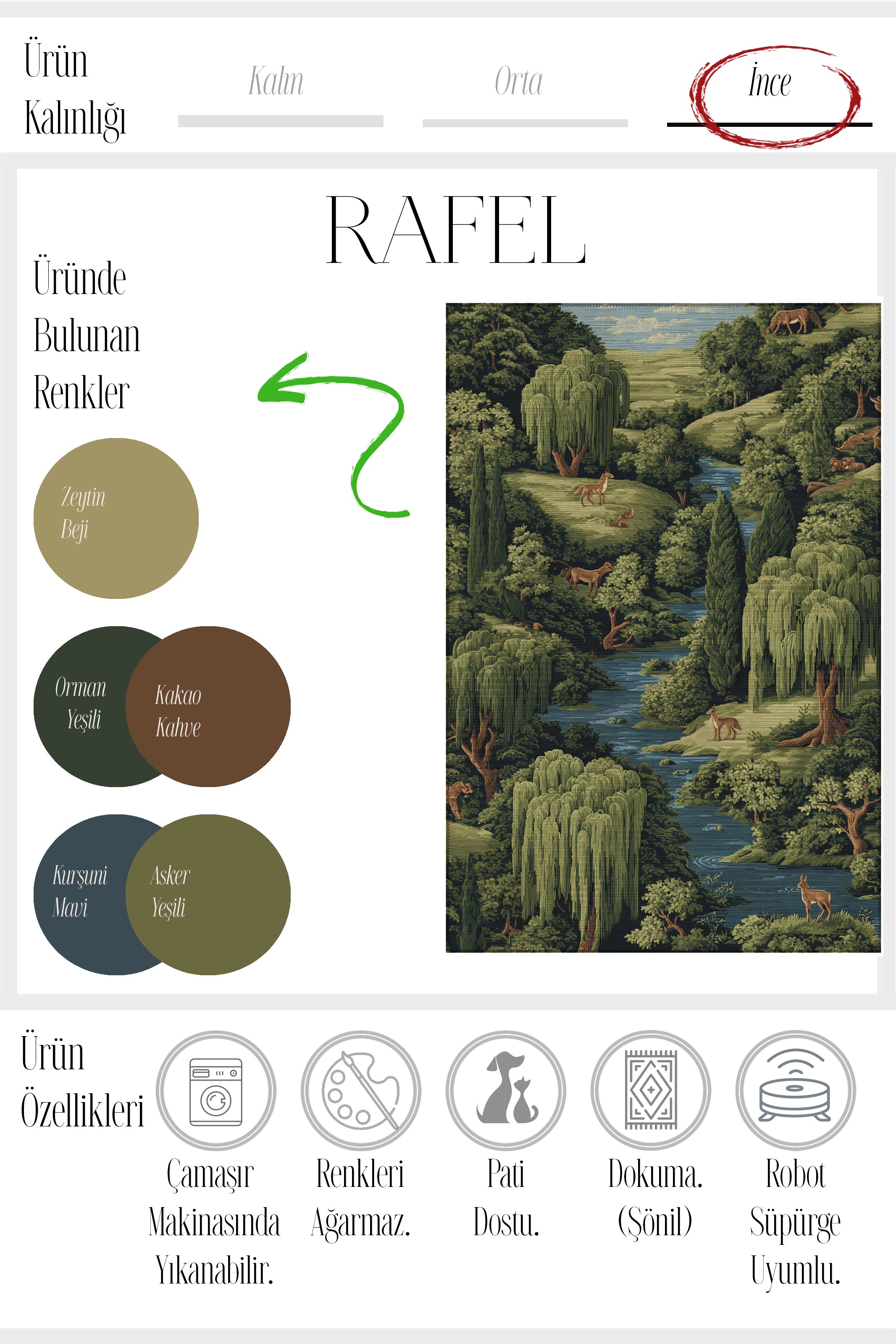 Rafel 903 Orman Temalı Botanik Desenli Halı Yıkanabilir İnce Dokuma Yolluk Salon Oturma Odası Halısı