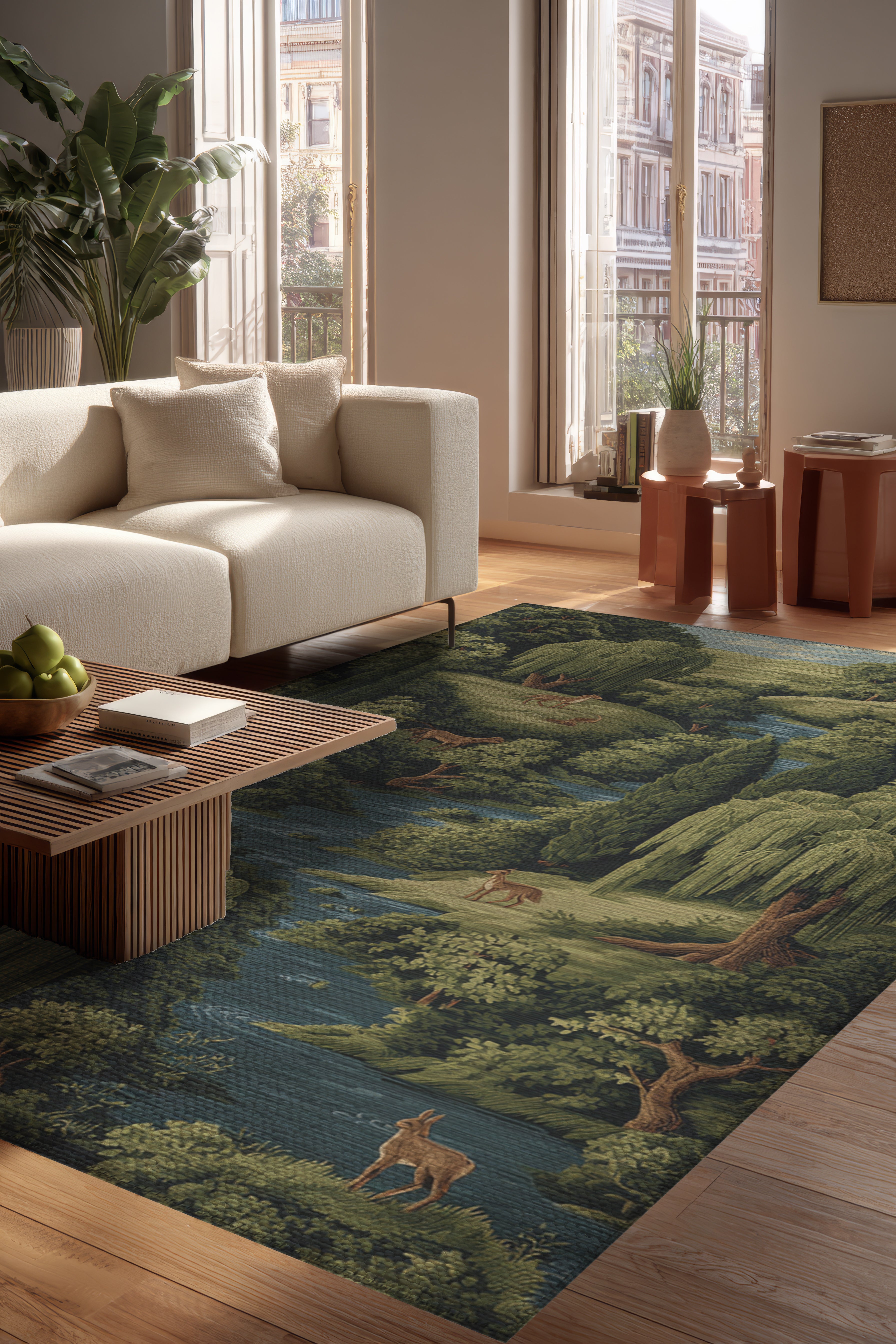 Rafel 903 Orman Temalı Botanik Desenli Halı Yıkanabilir İnce Dokuma Yolluk Salon Oturma Odası Halısı