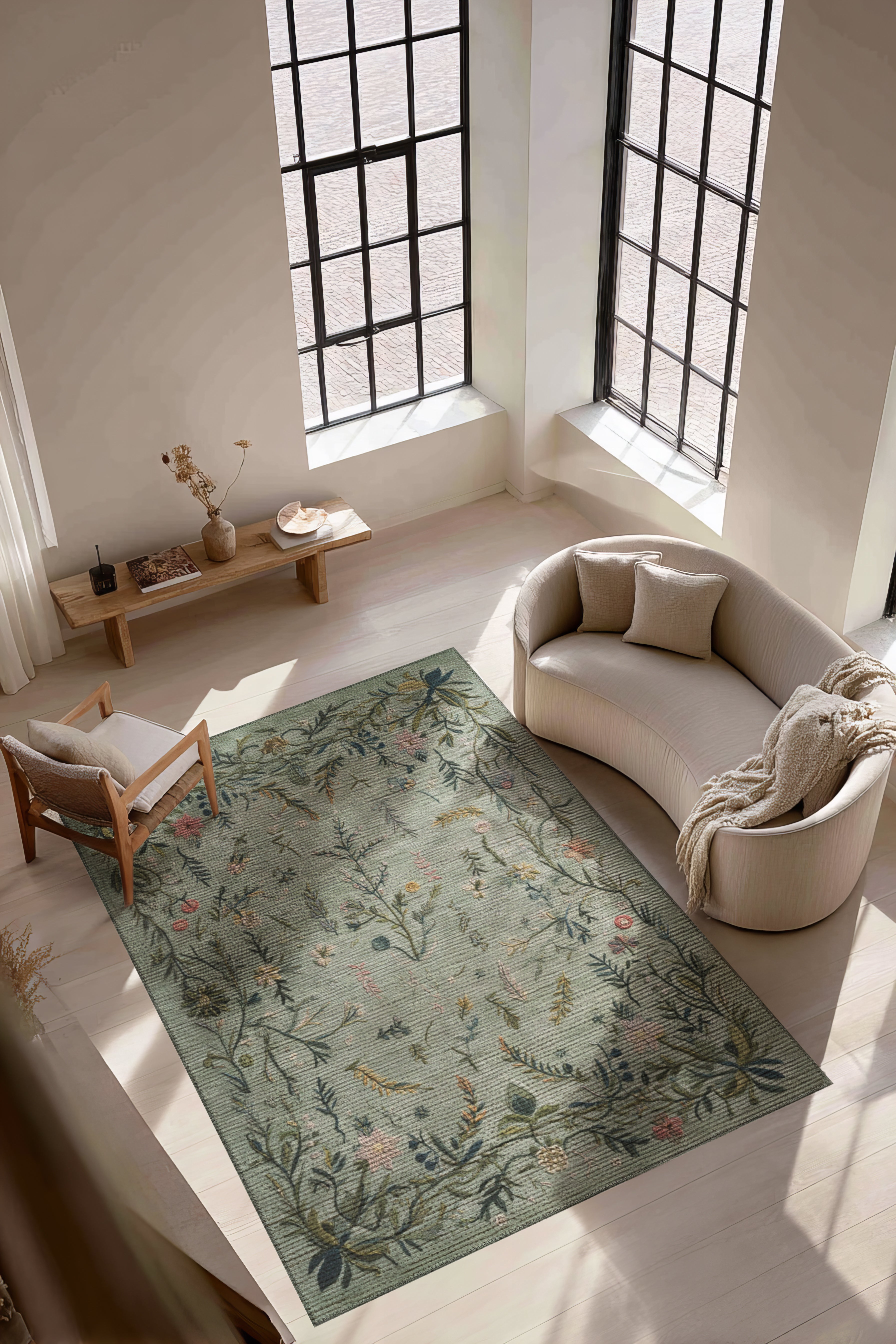 Rafel 904 Yeşil Çiçekli Halı Tasarım Halı Yıkanabilir İnce Dokuma Yolluk Salon Oturma Odası Halısı