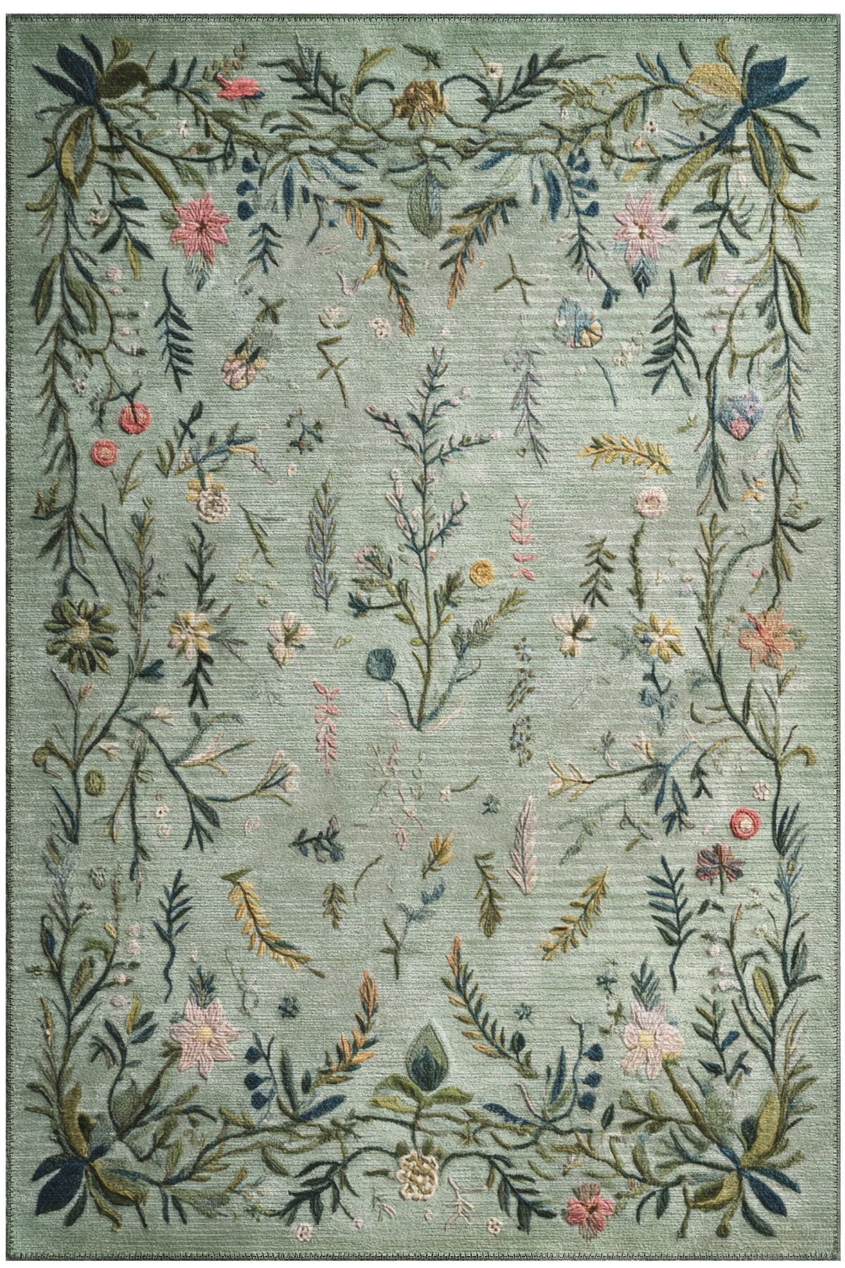 Rafel 904 Yeşil Çiçekli Halı Tasarım Halı Yıkanabilir İnce Dokuma Yolluk Salon Oturma Odası Halısı