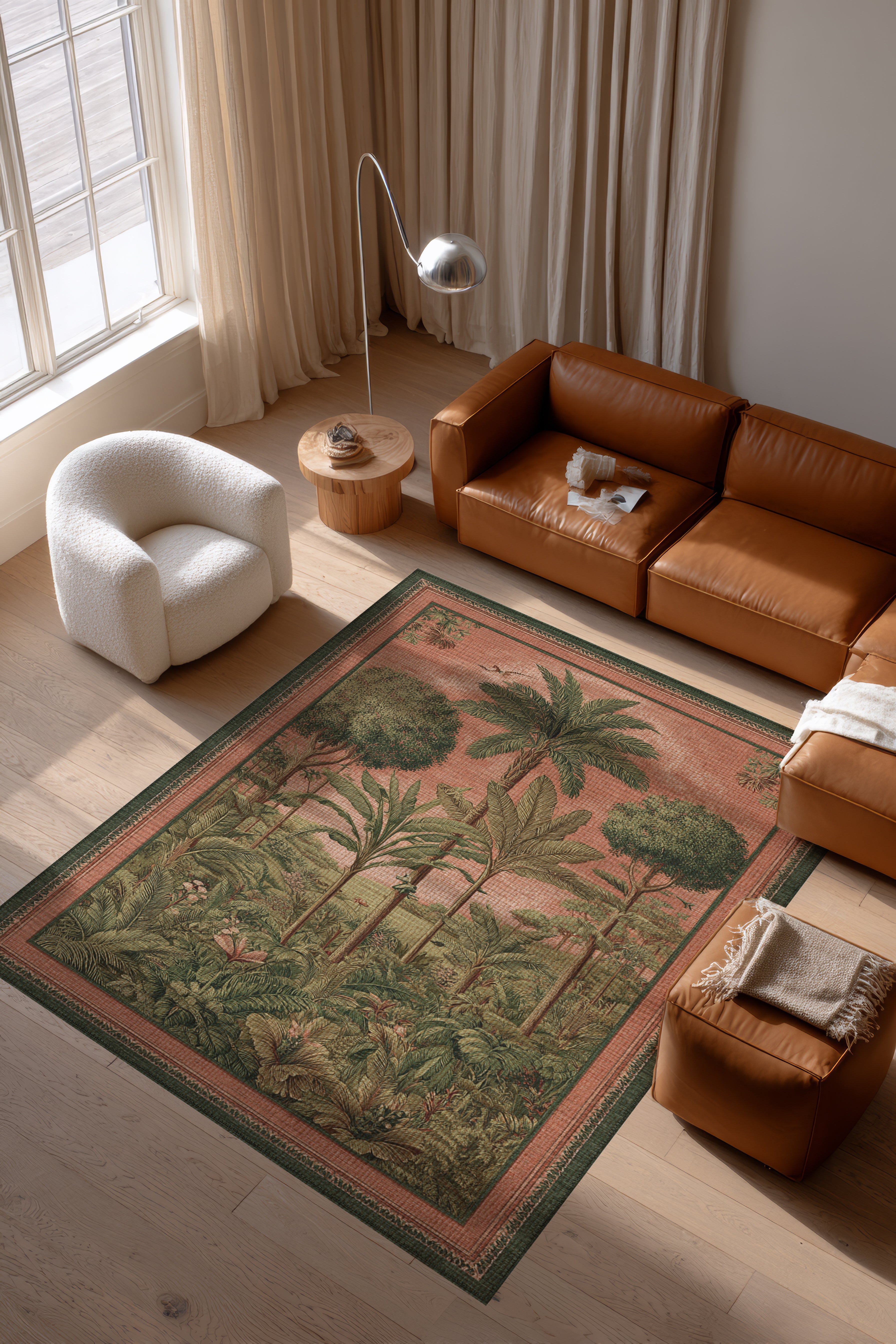 Rafel 905 Pembe Yeşil Palmiyeli Halı Tasarım Halı Yıkanabilir İnce Dokuma Salon Oturma Odası Halısı