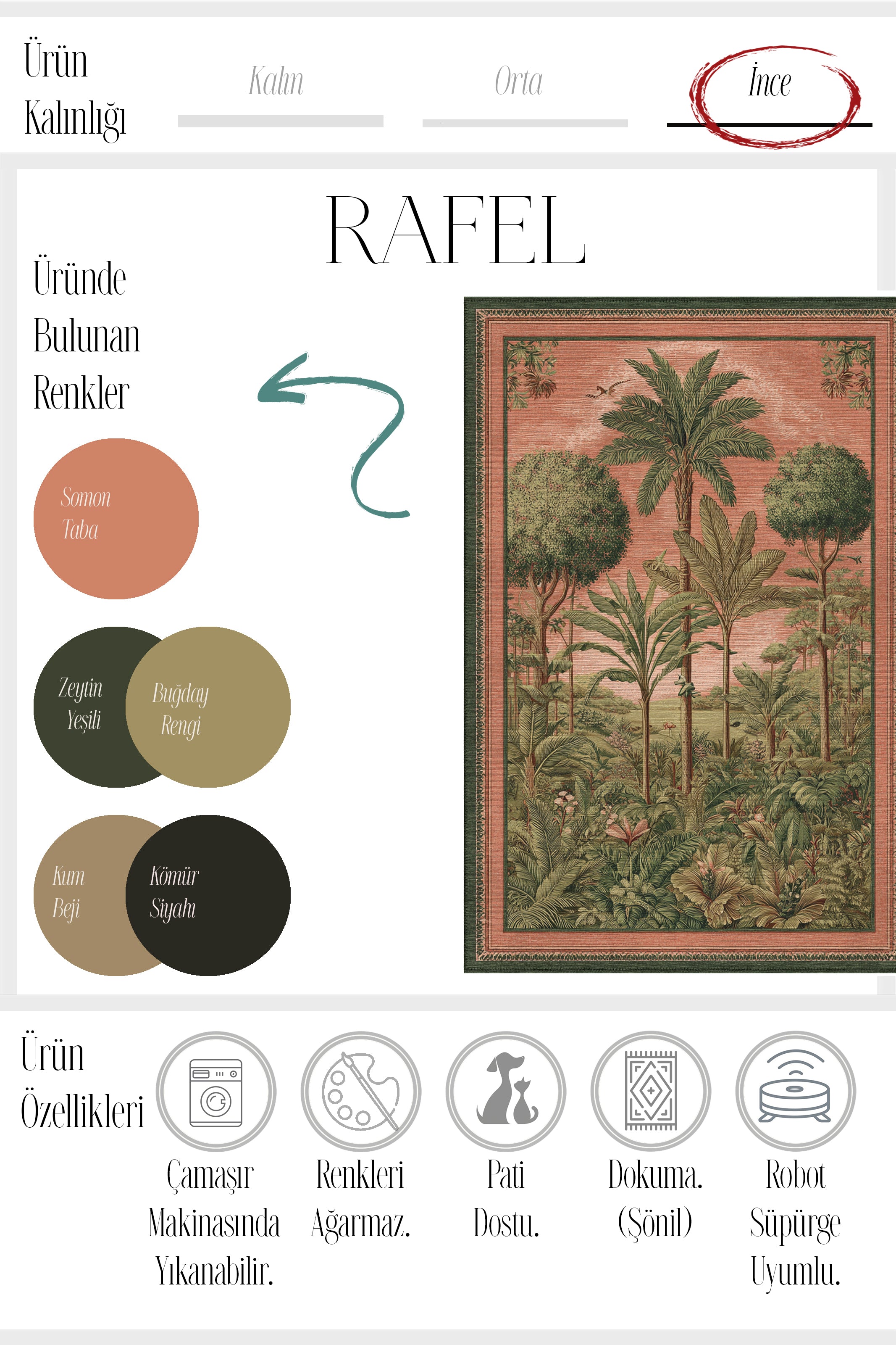 Rafel 905 Pembe Yeşil Palmiyeli Halı Tasarım Halı Yıkanabilir İnce Dokuma Salon Oturma Odası Halısı