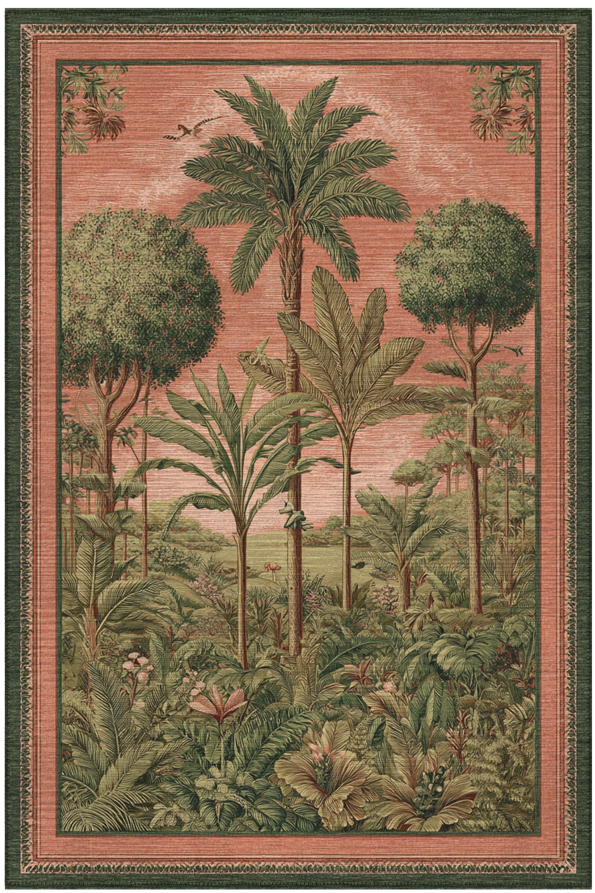 Rafel 905 Pembe Yeşil Palmiyeli Halı Tasarım Halı Yıkanabilir İnce Dokuma Salon Oturma Odası Halısı