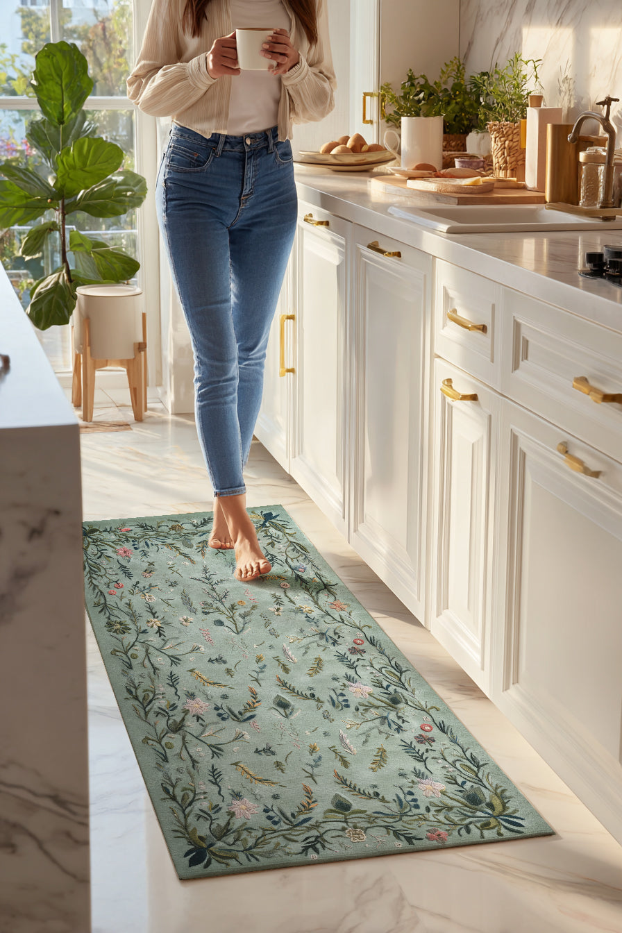 Rafel 904 Yeşil Çiçekli Halı Tasarım Halı Yıkanabilir İnce Dokuma Yolluk Salon Oturma Odası Halısı