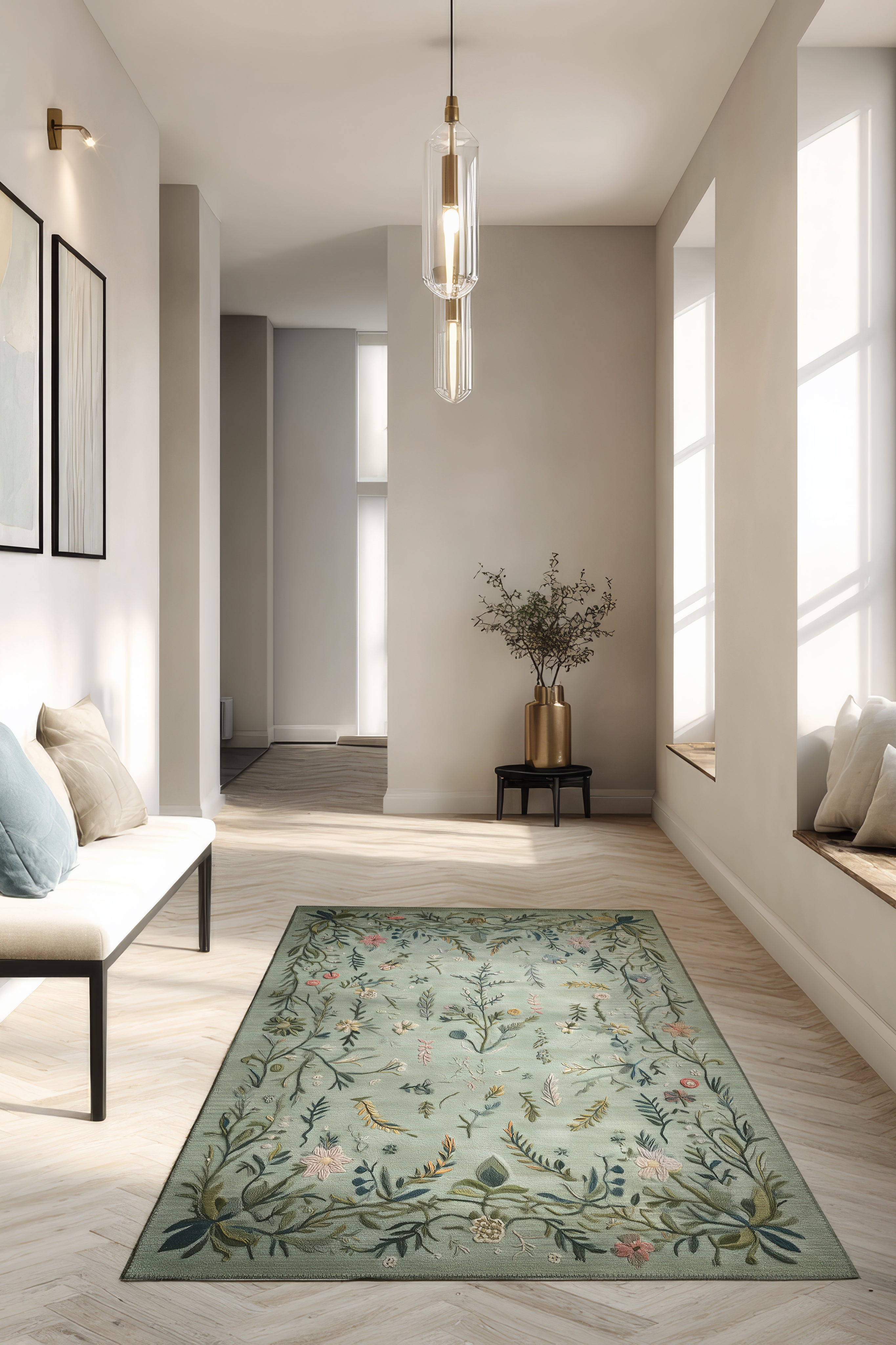 Rafel 904 Yeşil Çiçekli Halı Tasarım Halı Yıkanabilir İnce Dokuma Yolluk Salon Oturma Odası Halısı