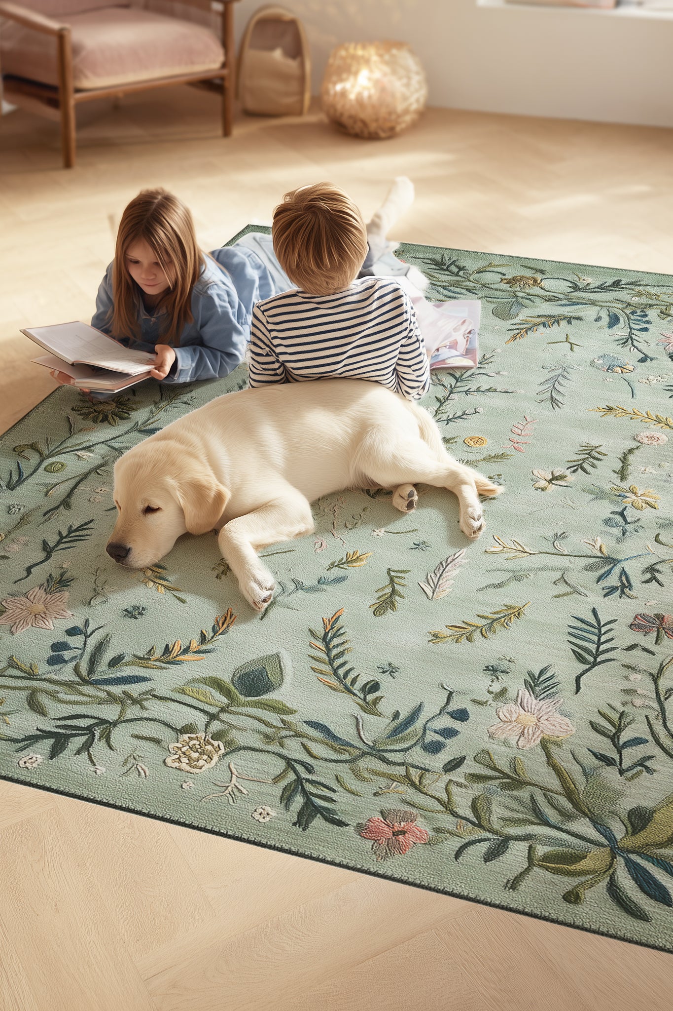 Rafel 904 Yeşil Çiçekli Halı Tasarım Halı Yıkanabilir İnce Dokuma Yolluk Salon Oturma Odası Halısı